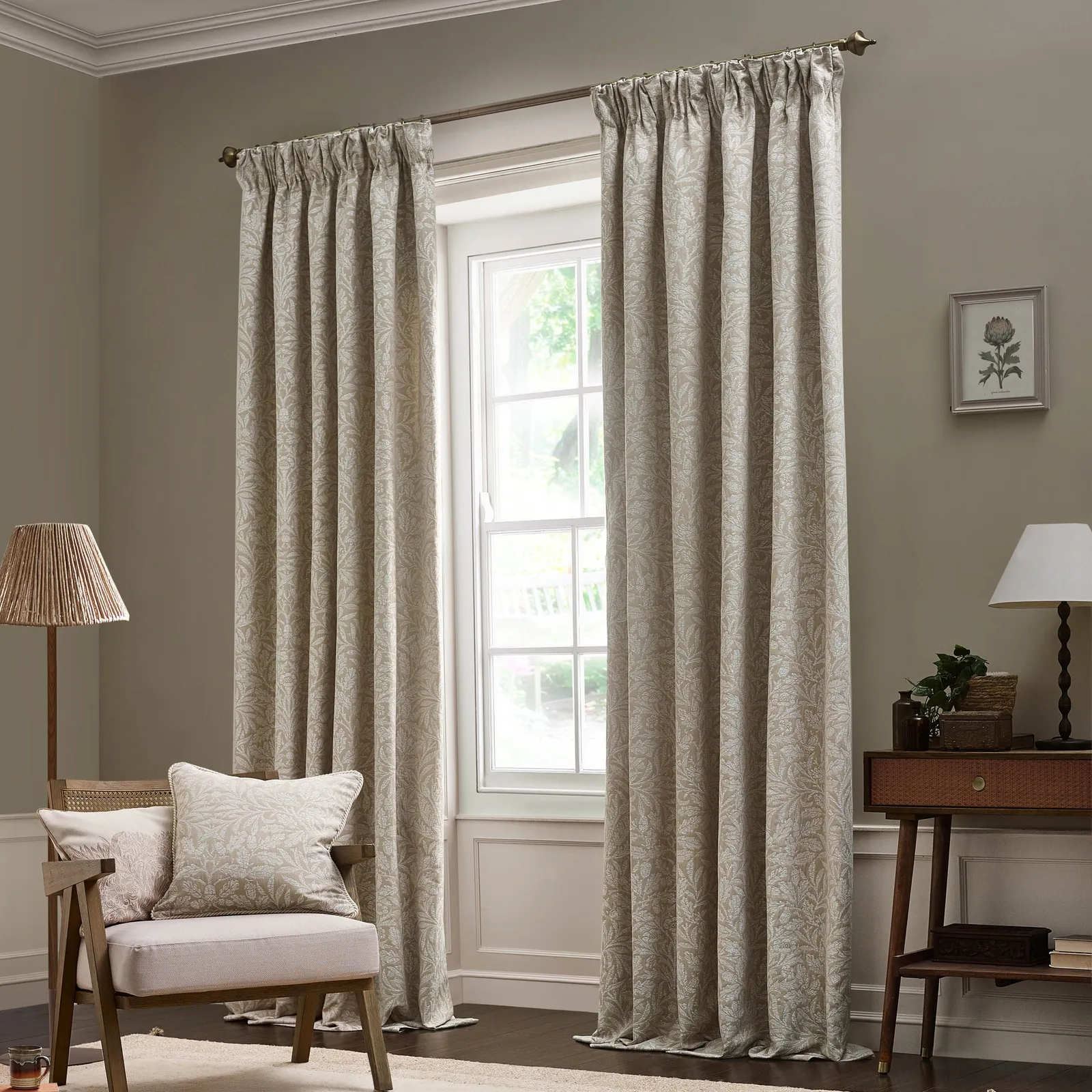 Morris & Co Acorn Tonal Fully Lined Matt Jacquard Pencil Pleat Curtains in Beige 2