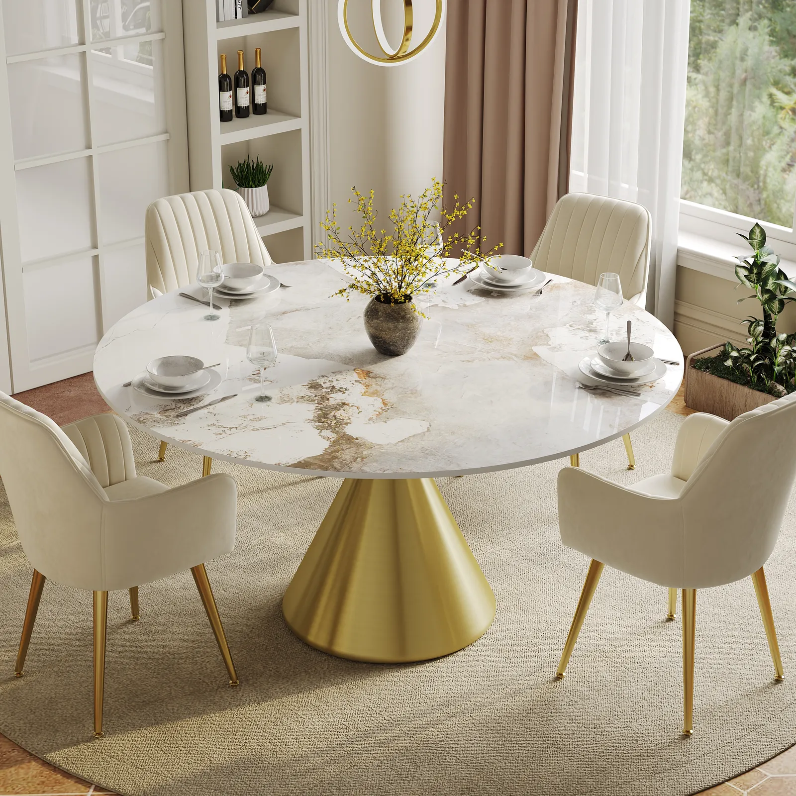 Modern 47" Round Glossy Sintered Stone Dining Table with Gold Metal Pedestal Base, Seats 4