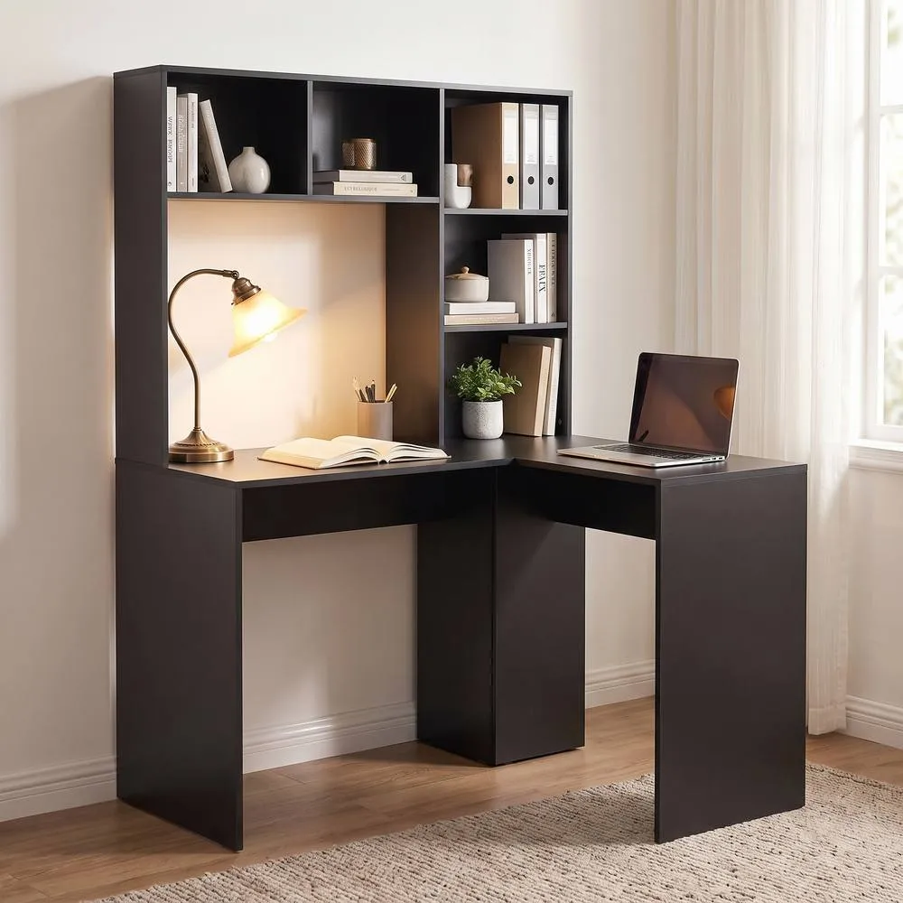 HOMCOM L Shaped Desk with 5 Storage Shelves Corner Computer Desk, Black 2