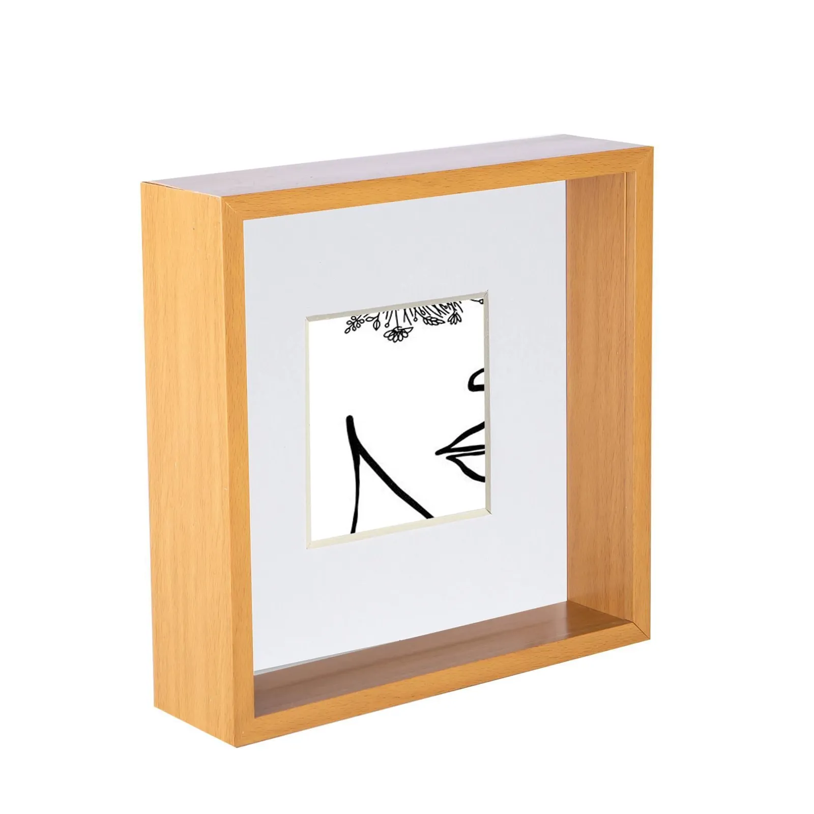 Nicola Spring 3D Deep Box Photo Frame - 8 x 8" with 4 x 4" Mount - Light Wood in White 1