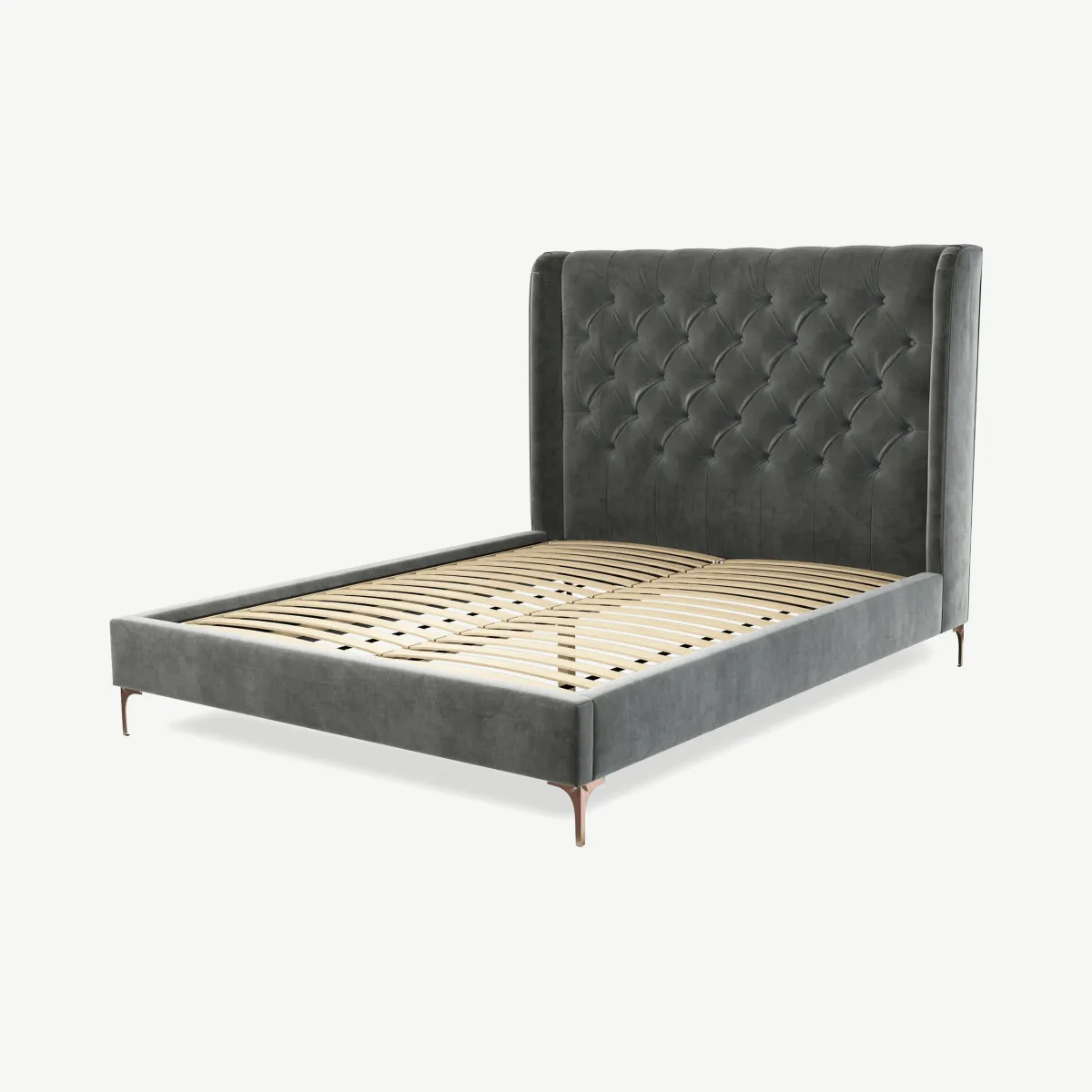 Romare King Size Bed, Steel Grey Velvet with Copper Legs