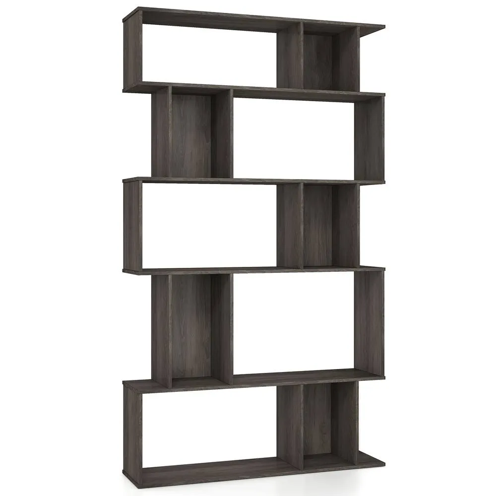 Costway Geometric Bookshelf 5-Tier Bookcase with Open Shelves in Brown