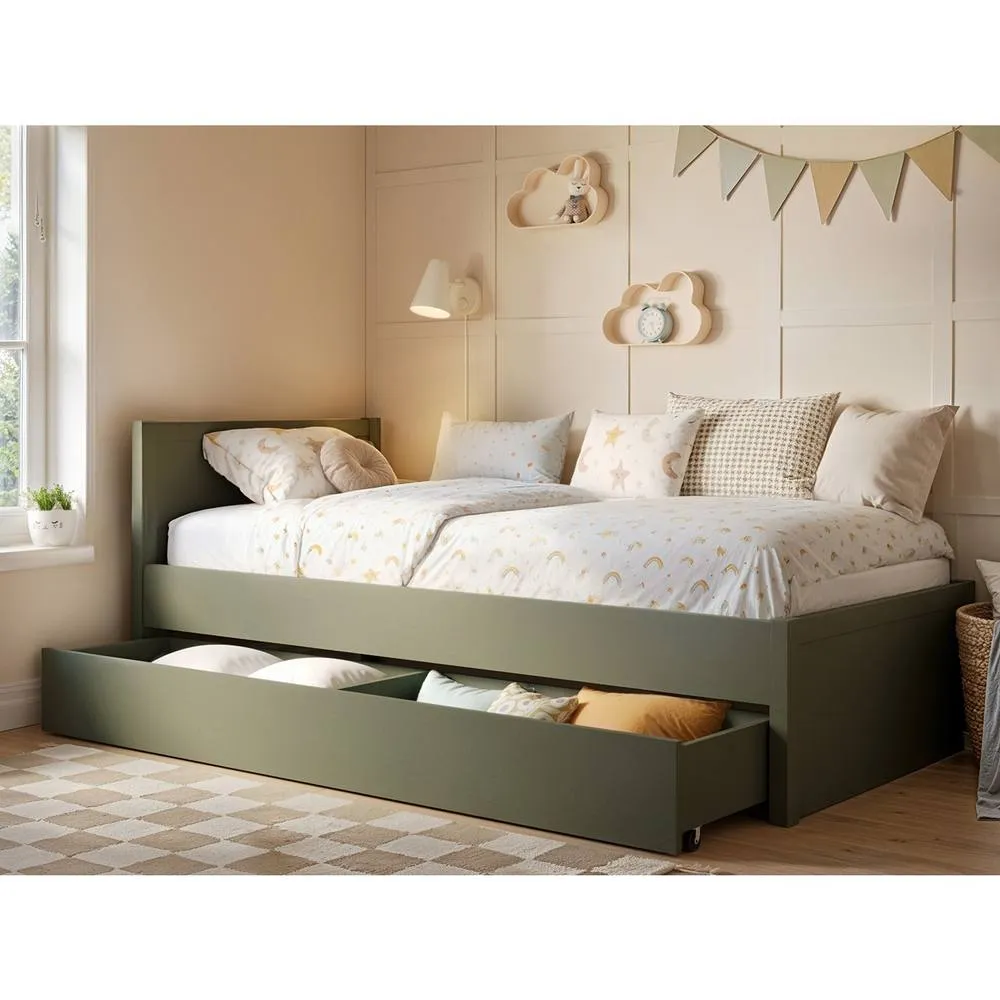 Flair Oli Single Wooden Bed with Drawers in Green