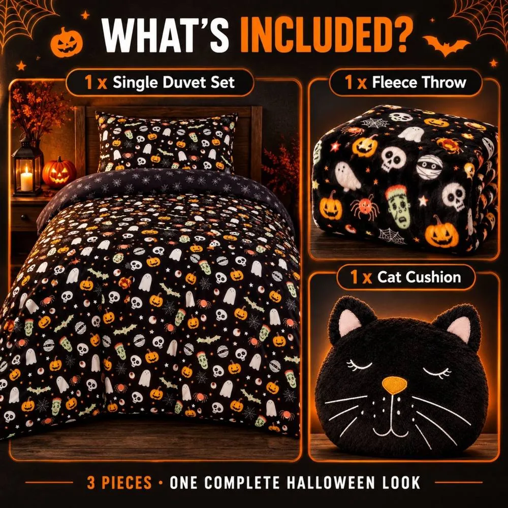 Smart Living 3 Piece Halloween Bedding Bundle Single Duvet Throw Cat Cushion in Black 4