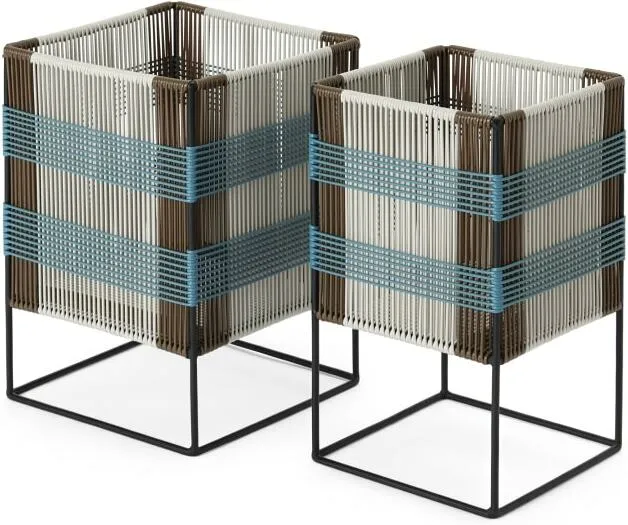 Ariba Set Of Two Tiered Woven Square Plant Stands, Multi-