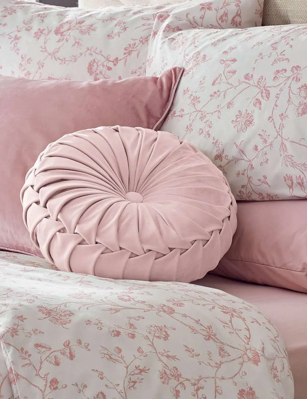 Laura Ashley Rosanna Velvet Round Pleated Cushion Light Pink