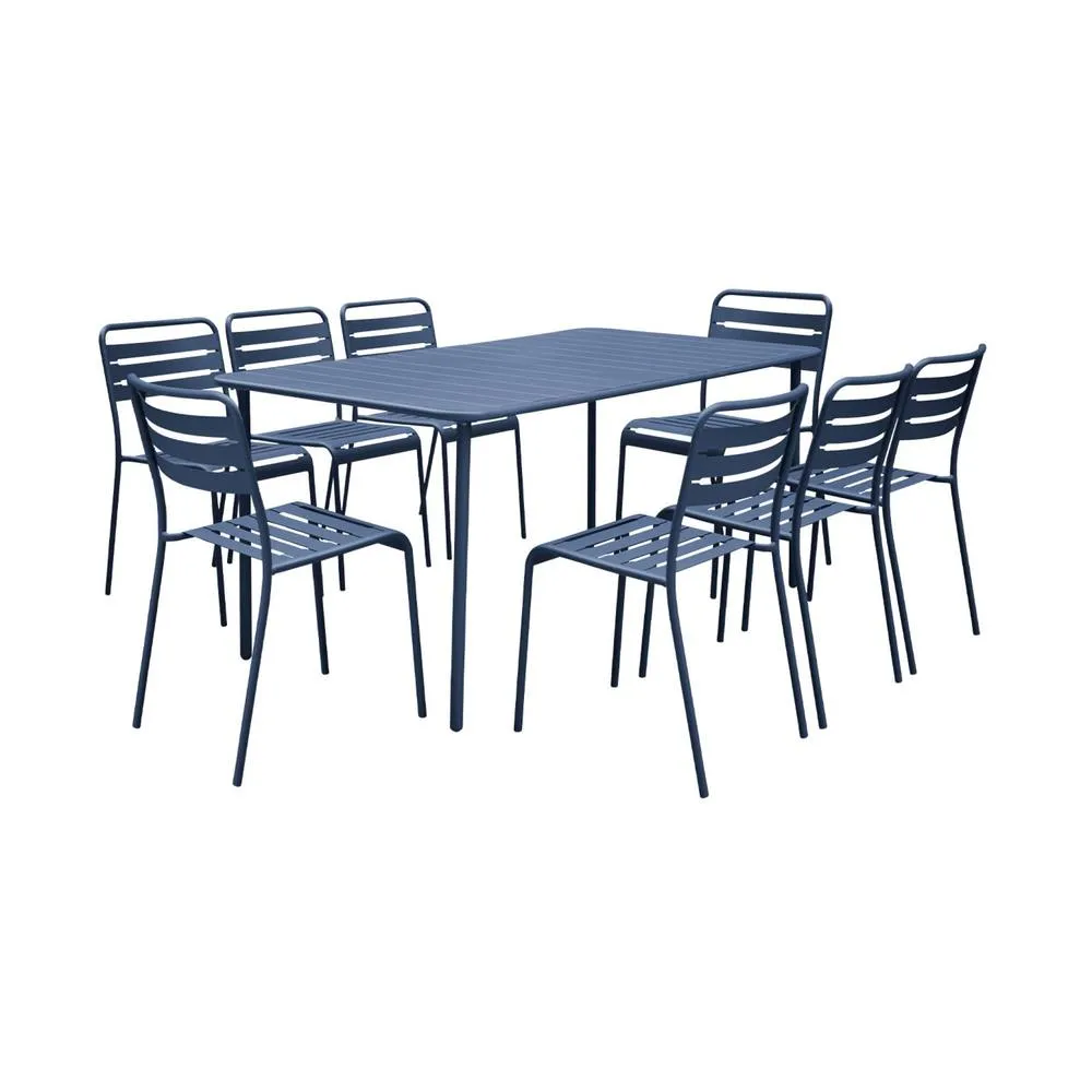 sweeek 8-seater metal garden table with 8 chairs in Dark Blue 2
