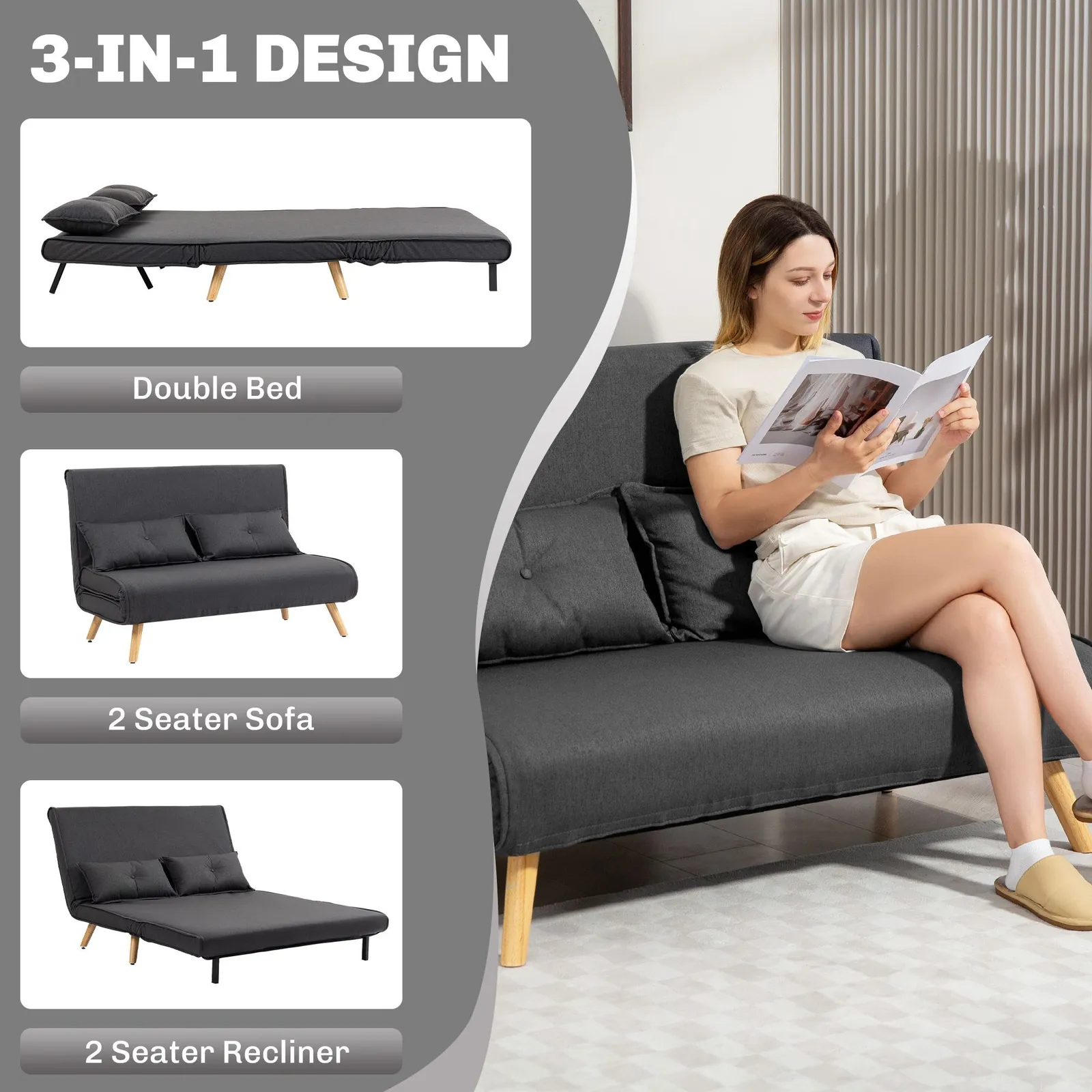 HOMCOM Click Clack Sofa Bed, 2 Seater Bed Settee for Living Room in Dark Grey 4