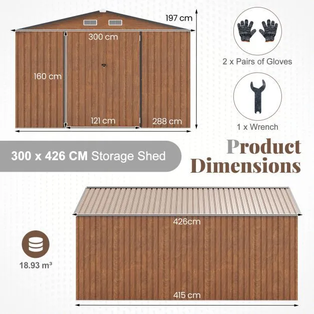 Costway 426 cm x 300 cm Outdoor Storage Shed Large Garden Tool House in Beige 5
