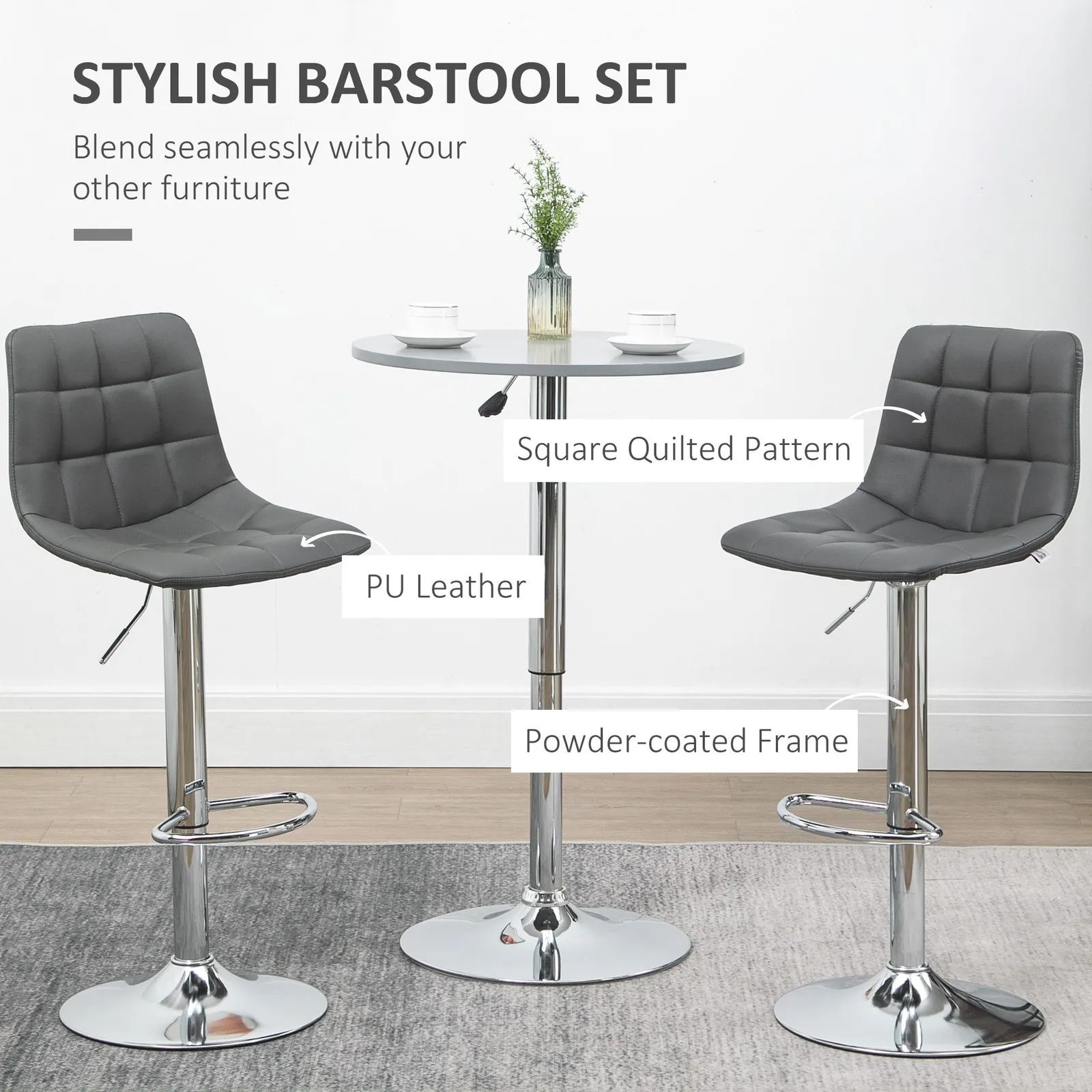 HOMCOM Stools Set of 2 Adjustable Breakfast Dining Stools for Home Kitchen in Grey 4