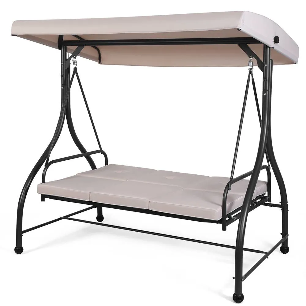 Costway Garden Patio Swing Chair 3 Seater Hammock Bench Convertible Canopy Cushion Seats in Beige 5