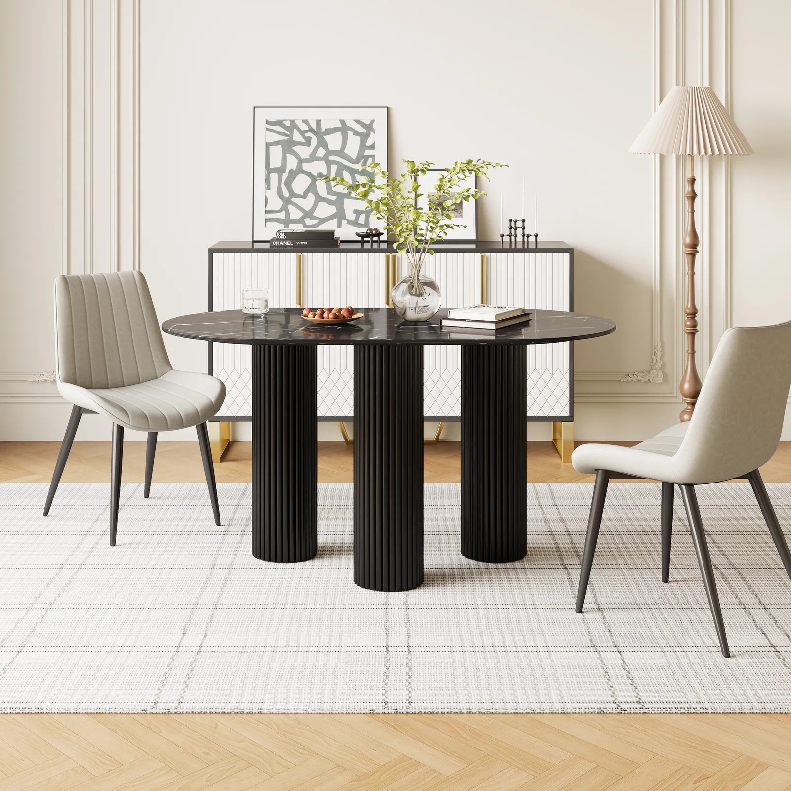 55.1" Modern Oval Sintered Stone Top Dining Table 3 Legs in White