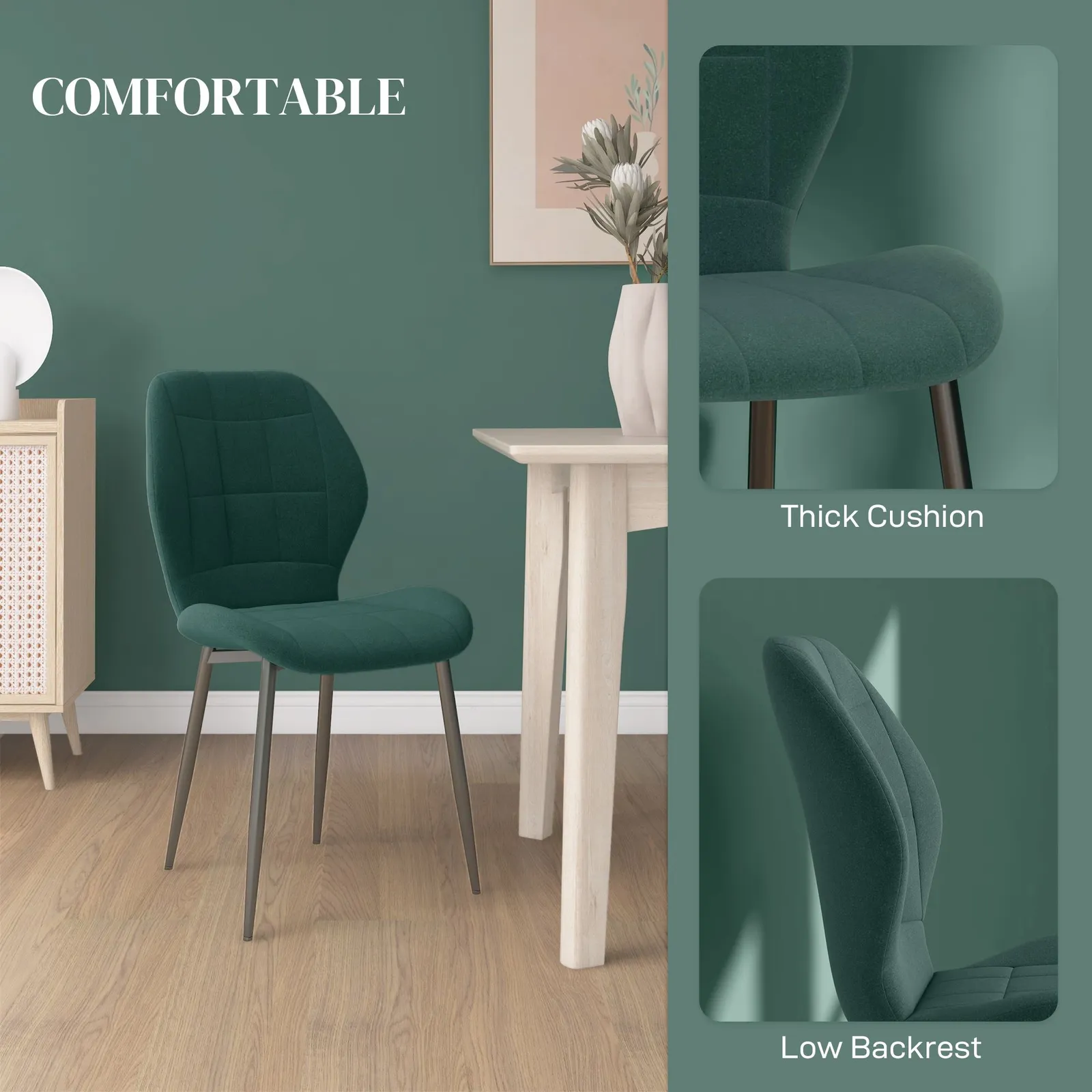 HOMCOM Dining Chairs Set of 4, Modern Style Flannel Upholstered Kitchen Chairs with Backs & Steel Legs, for Living Room, Dining Room, Bedroom in Green 5