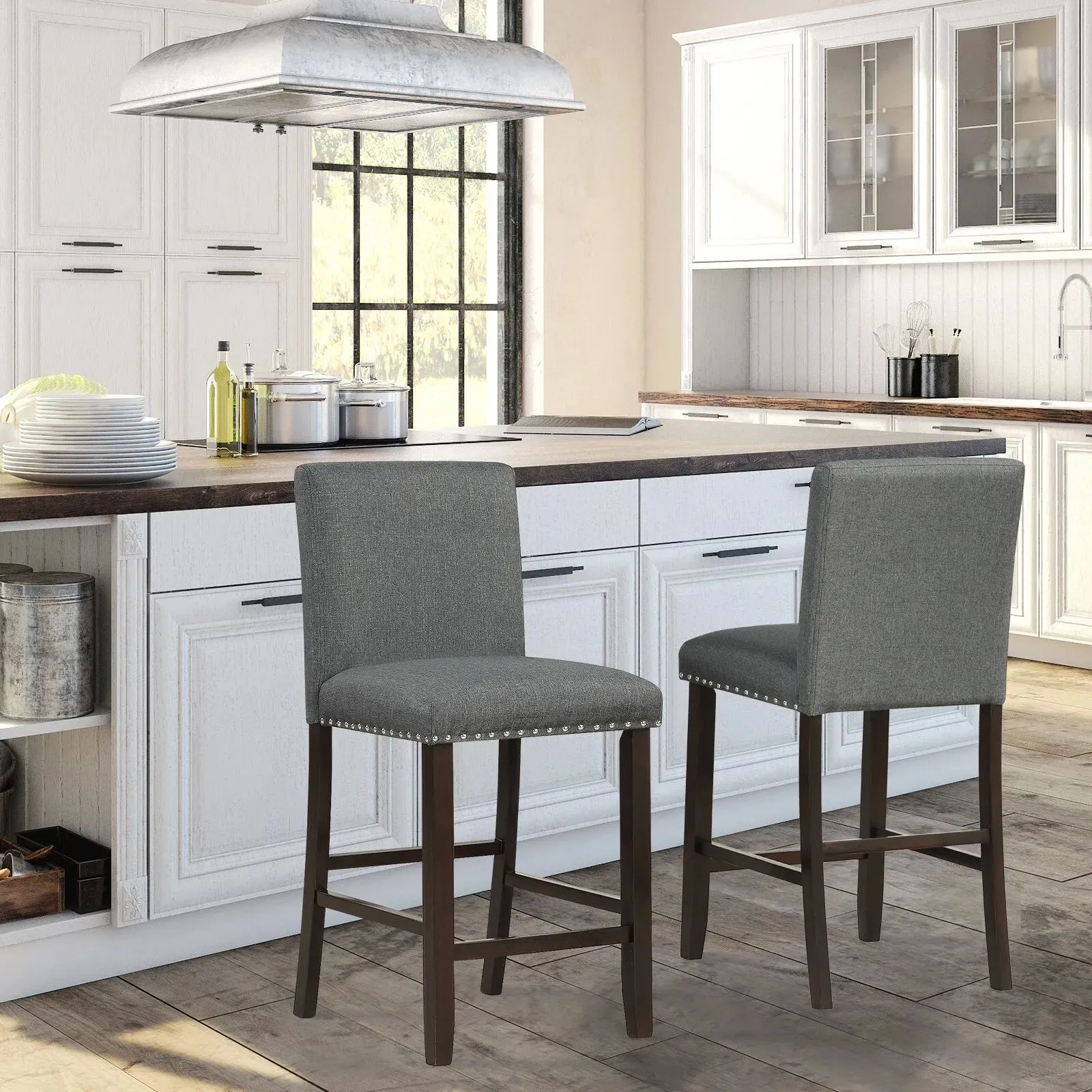 Costway Set of 2 Bar Stools Upholstered Bar Chairs Pub Stool Chair Kitchen Dining Chair in Grey 3