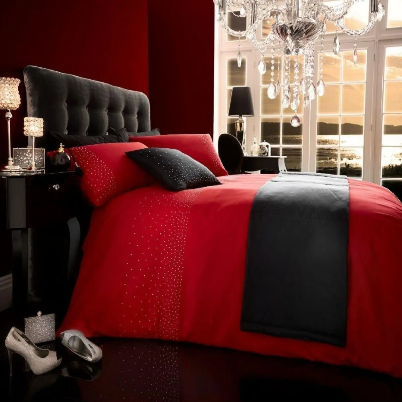 Smart Living Diamante 5PC Complete Bedding Set Duvet Cover, Pillow Pair, Cushion Cover, Bed Runner in Red 1