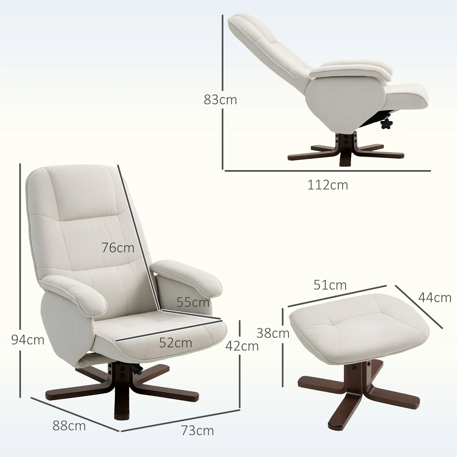 HOMCOM Swivel Recliner Chair with Footstool & Wooden Base in Beige 3