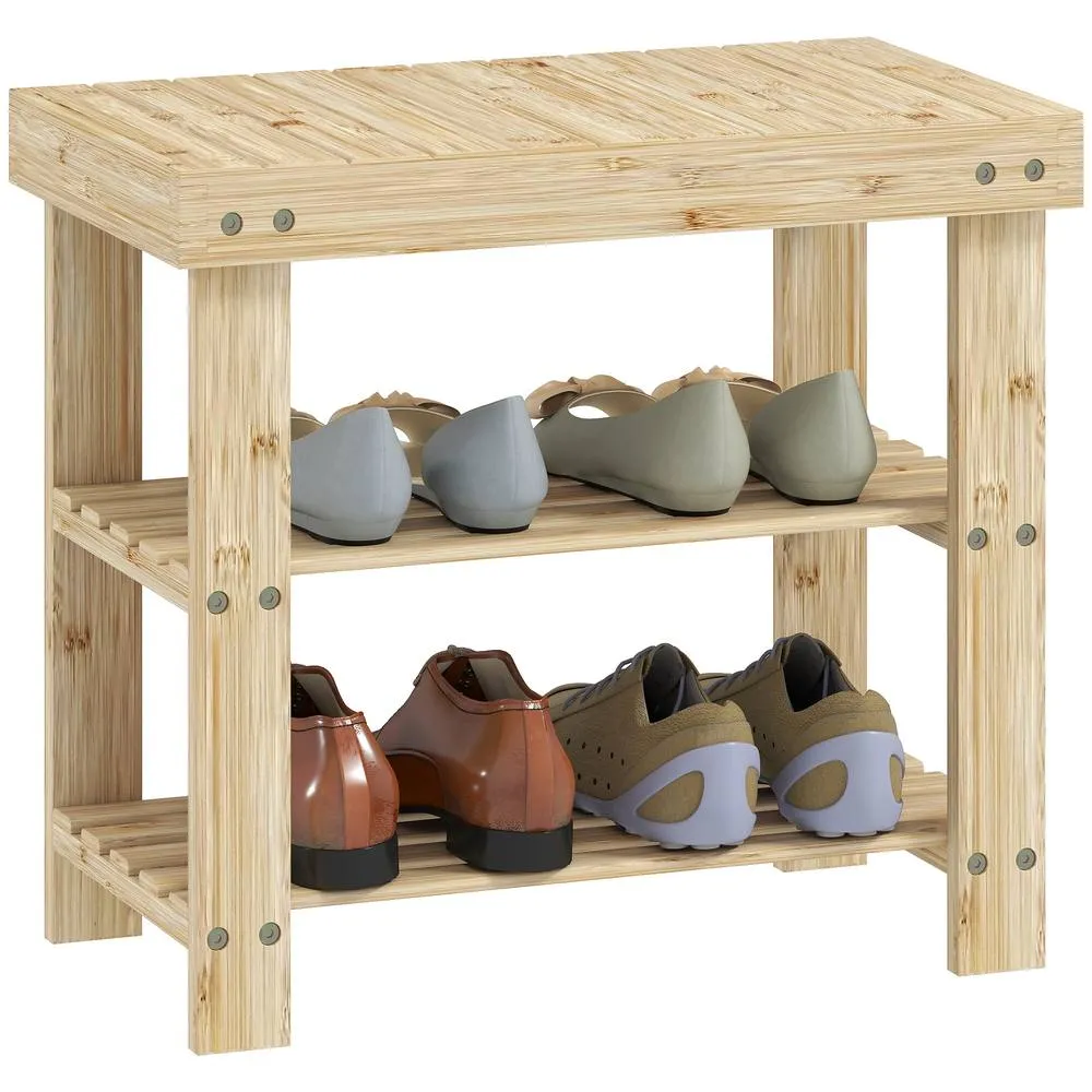 HOMCOM 3-Tier Bamboo Shoe Bench with 2 Shelves for Entryway, Wood Finish in Natural 2