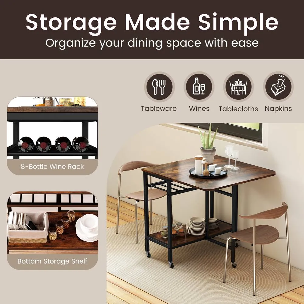 Costway Folding Dining Table Movable Kitchen Table with Wine Rack in Brown 6