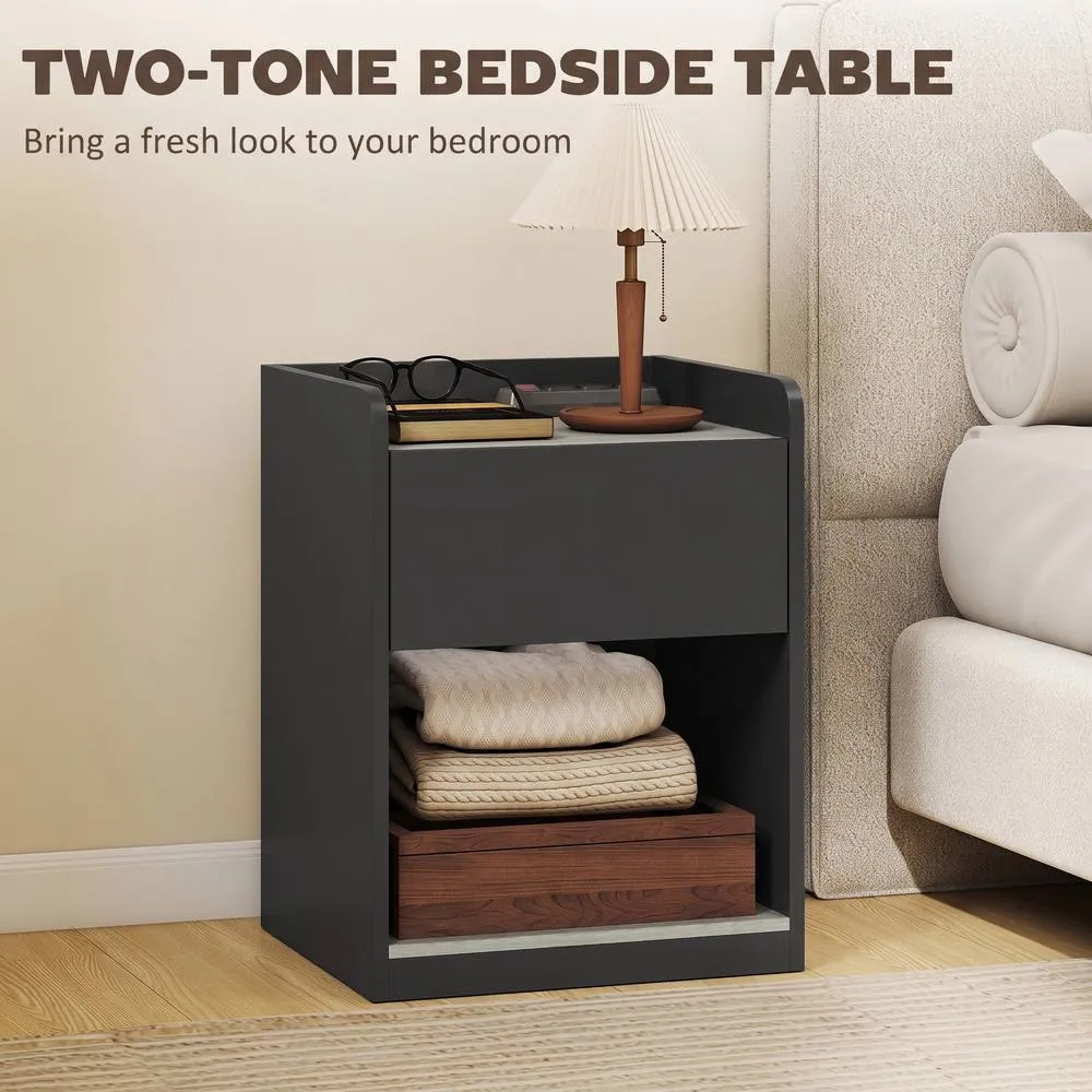 HOMCOM Bedside Table with Drawer & Open Shelf, Black & Grey Wood Effect 6