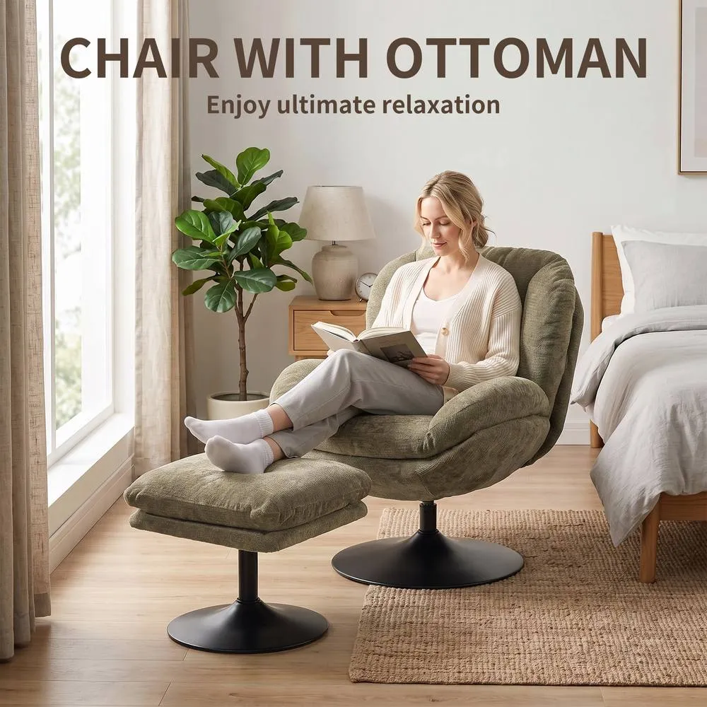 HOMCOM Chenille Lazy Chair with Ottoman, 360° Swivel, Dark Green 4
