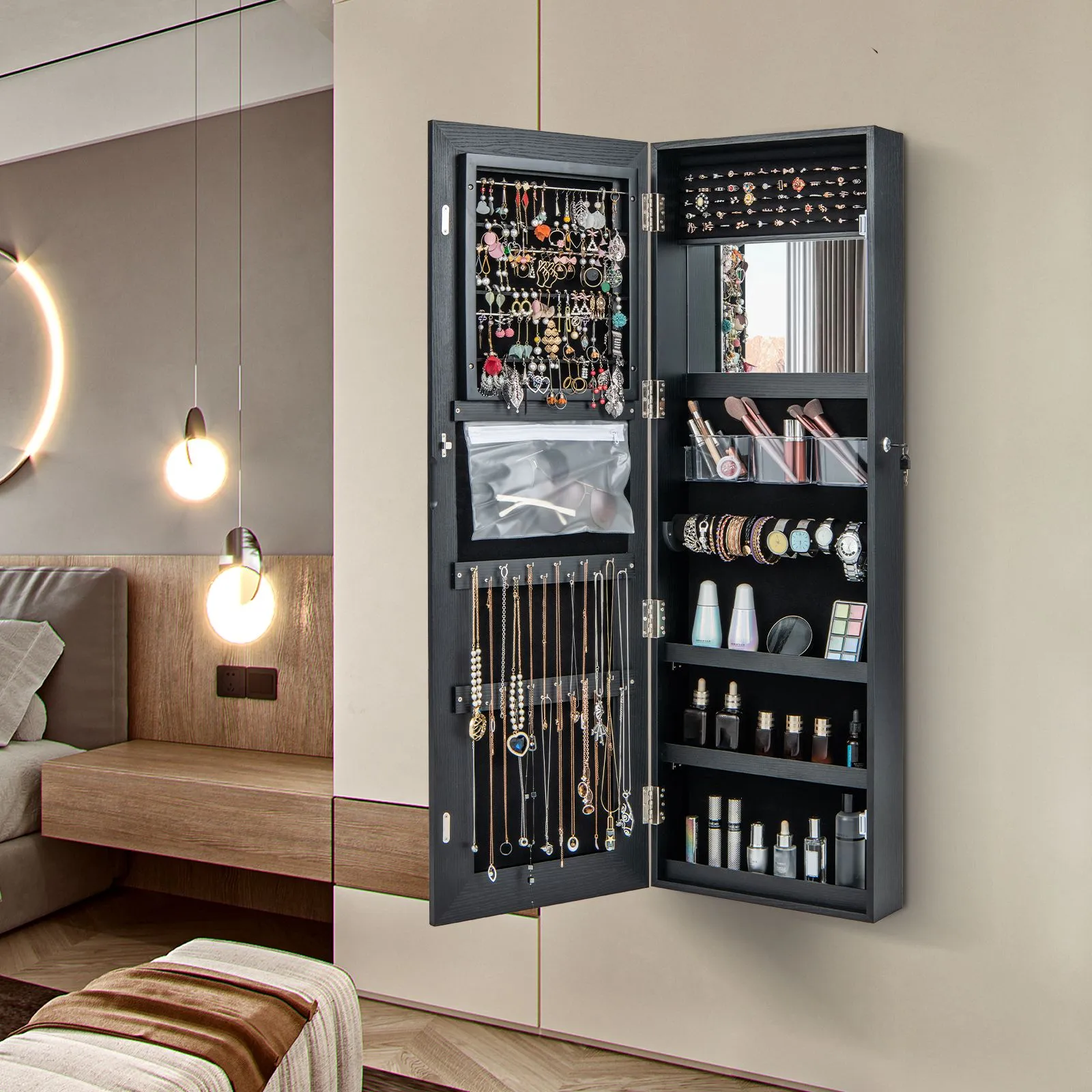 Costway 120cm Full Length Mirror Jewelry Cabinet Door Hanging/Wall Mounted Mirror with 3 Color Lights in Black 3