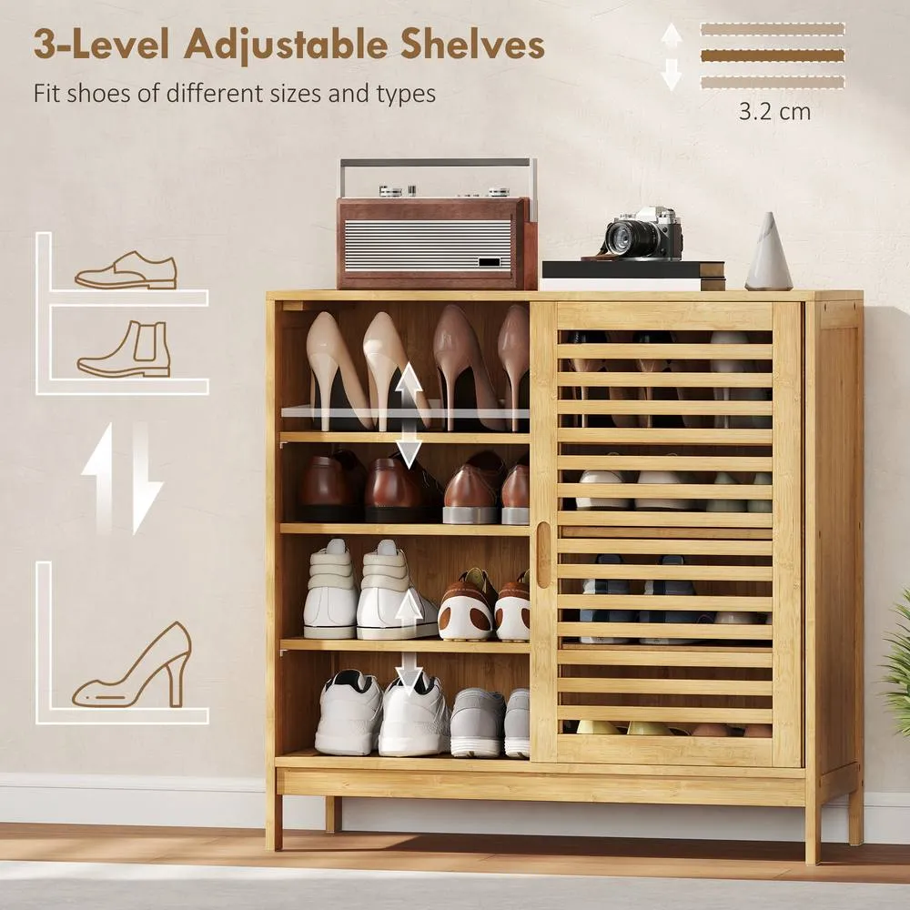 HOMCOM Bamboo Shoe Cabinet with 2 Sliding Slat Doors, 16 Pairs, Natural 6