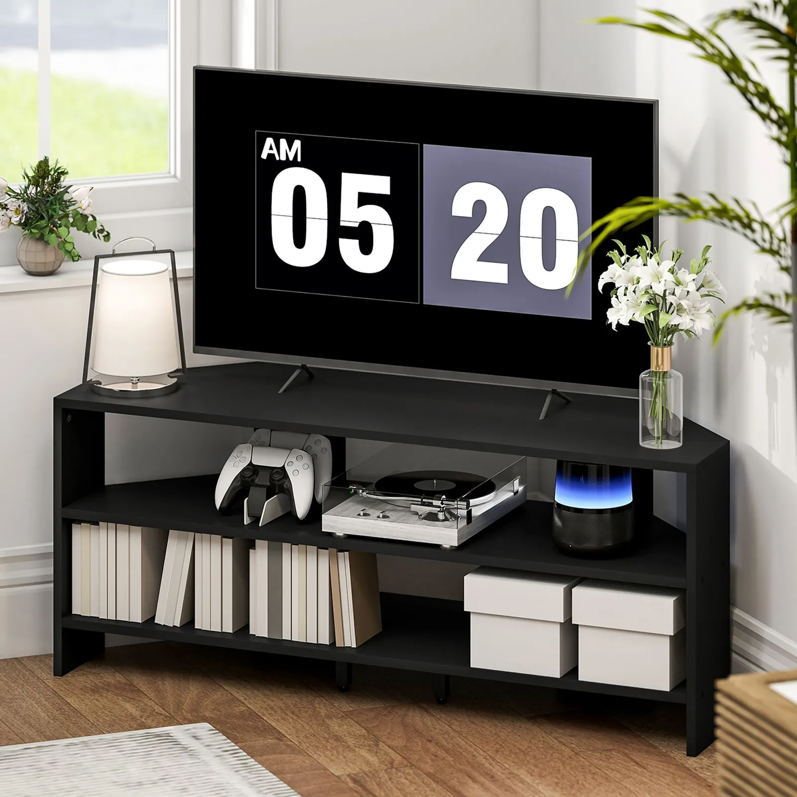 HOMCOM Corner TV Stand, TV Unit with Open Shelves for 47 Inch TV in Black 2