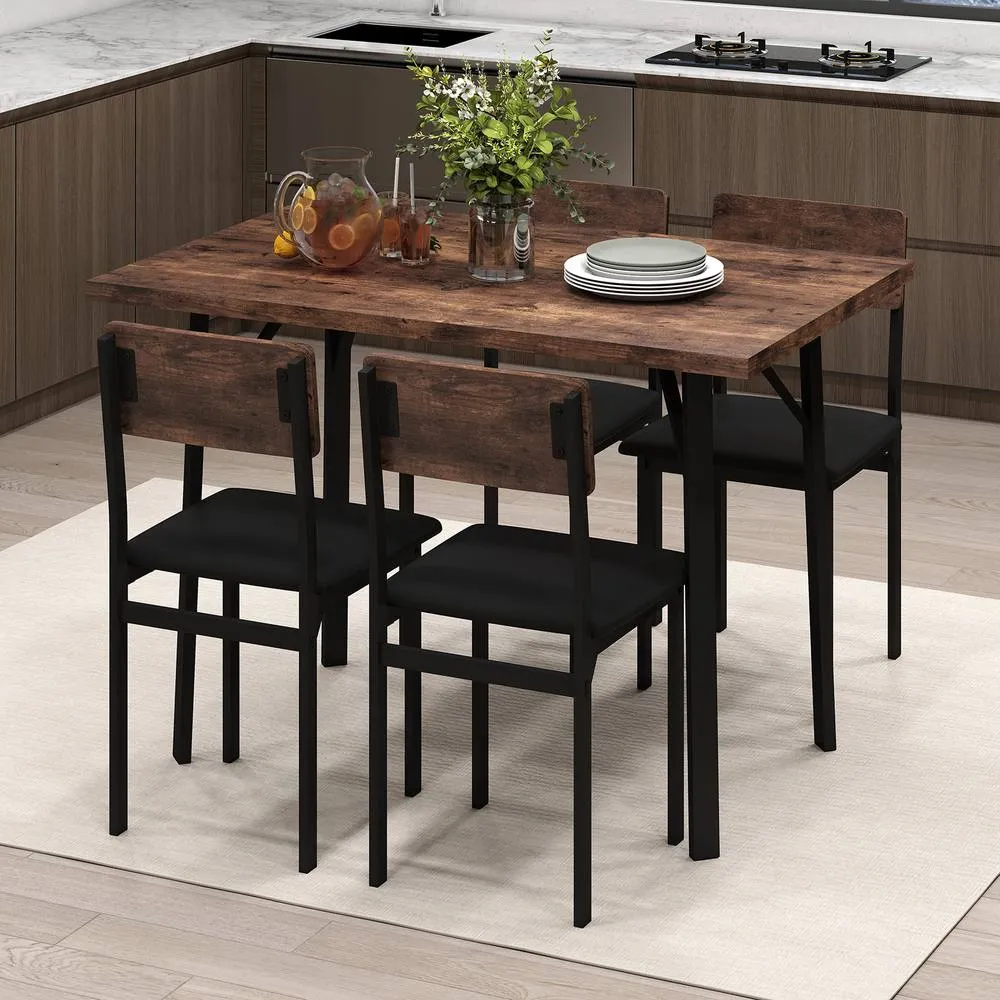 Costway 5PCS Dining Table Set Industrial Kitchen Table & 4 Upholstered Chairs in Brown 6
