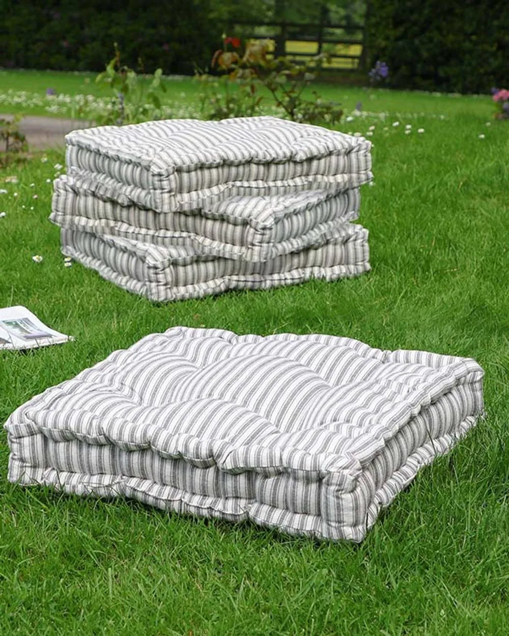 Dibor Set of 4 Giant Grey Striped Indoor Outdoor Chair Seat Pad Garden Furniture Cushions L50cm x W50cm in Green