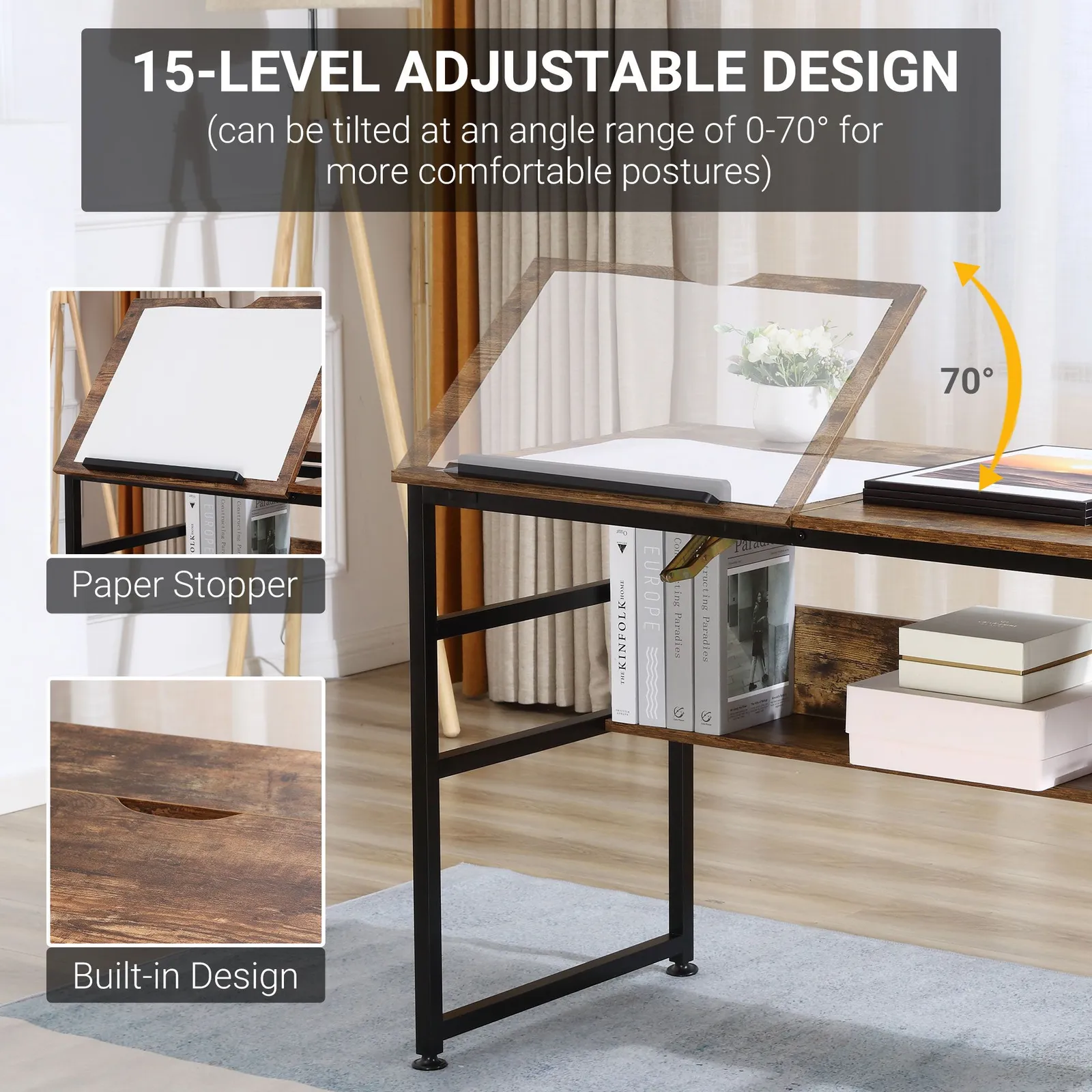 HOMCOM Tiltable Drafting Table Home Office Computer Desk with Open Shelf in Brown 4