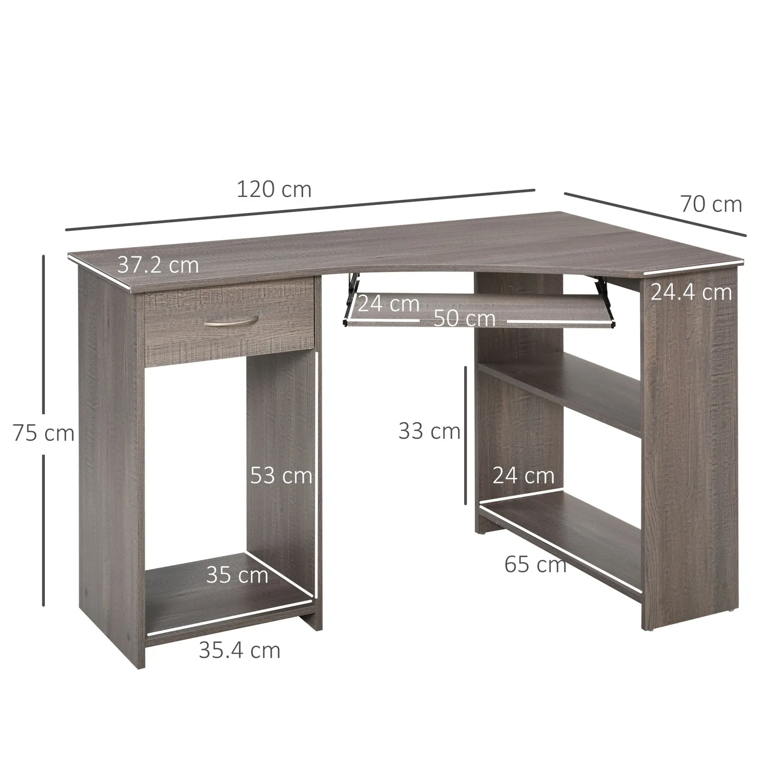 HOMCOM L-Shaped Corner Computer Desk w/ 2 Shelves Worktop Keyboard Tray in Grey 3