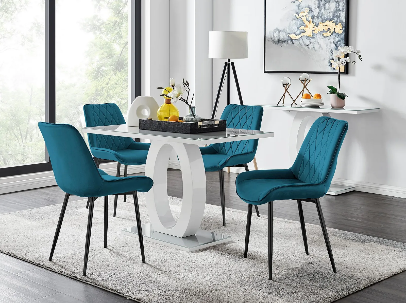 FurnitureboxUK Giovani 4 Grey Dining Table & 4 Pesaro Black Leg Chairs in Blue 1