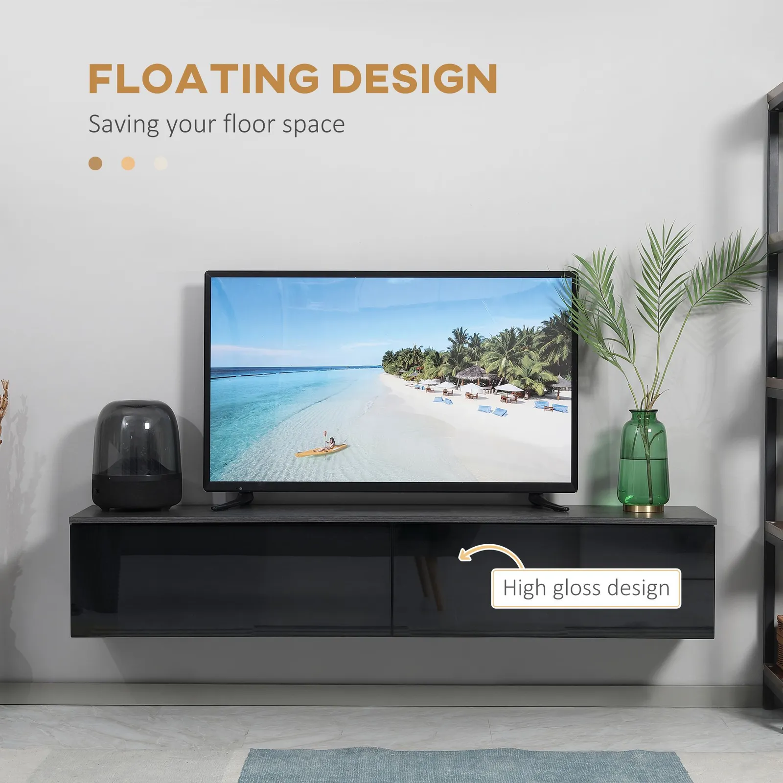 HOMCOM Wall Mounted TV Stand Unit with Storage & High Gloss Effect, Black in Grey 4