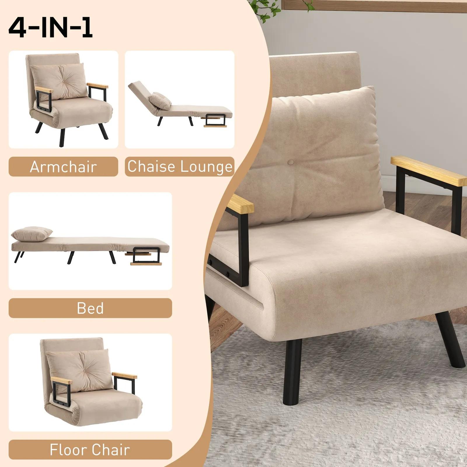 HOMCOM Click Clack Bed Settee for Living Room, Guest Room in Beige 4
