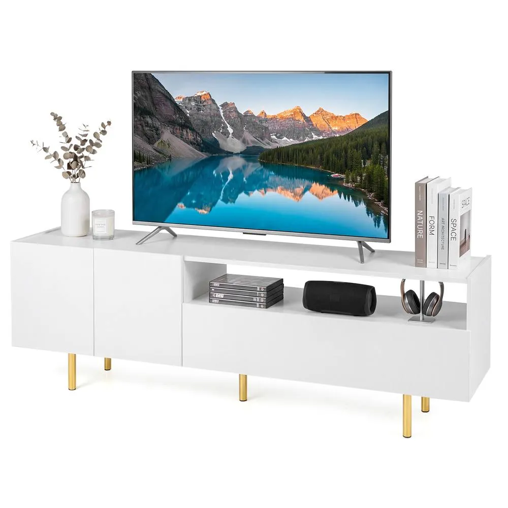 Costway TV Stand for 70" TVs Modern Entertainment Center w/ 2 Doors & Drawer in White