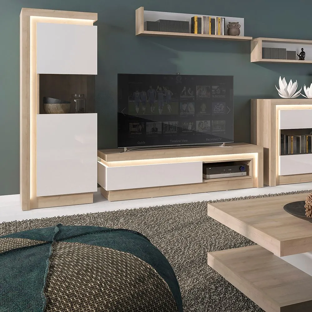 Furniture To Go Lyon 1 drawer TV cabinet with open shelf in Riviera Oak/White High Gloss in Brown 3