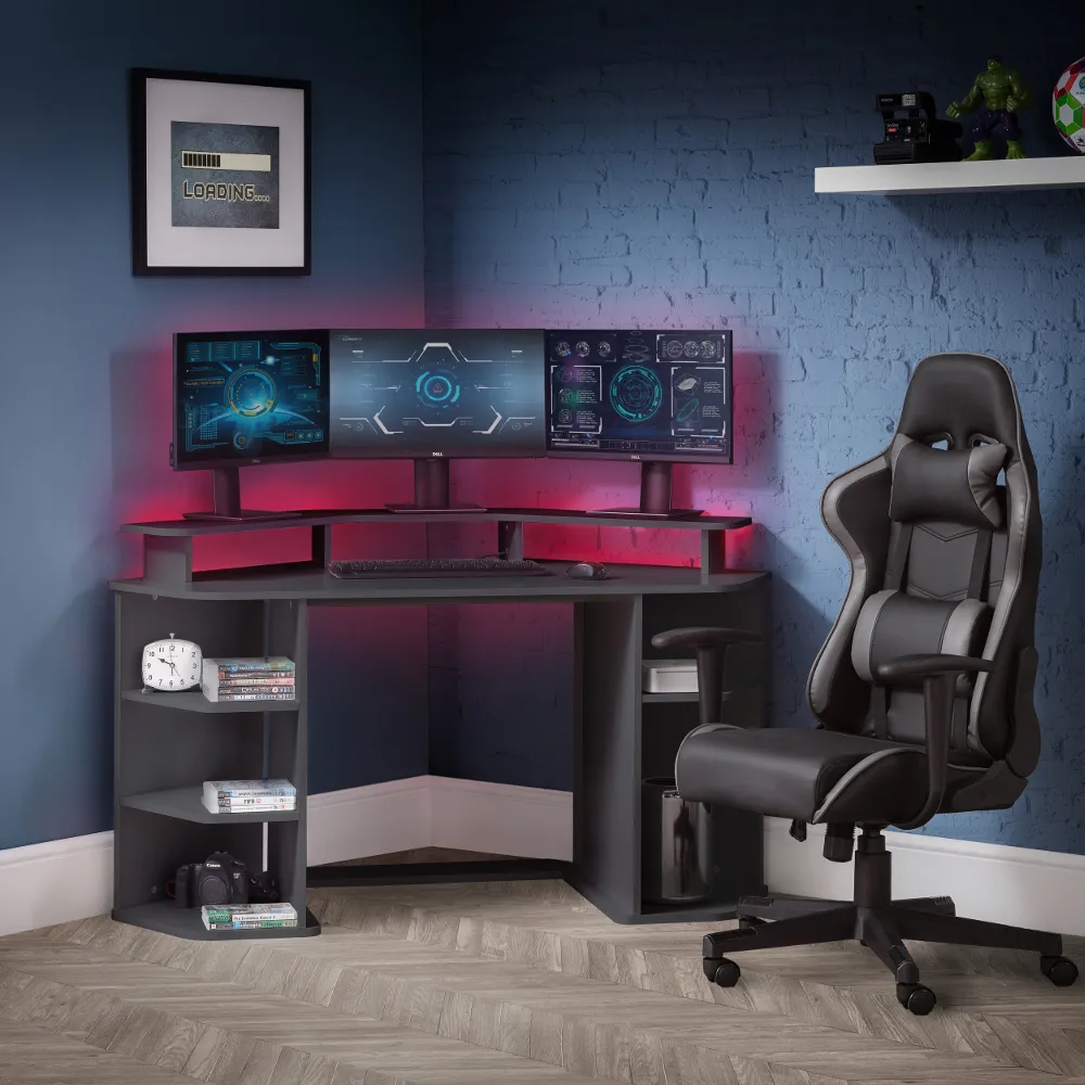 Orbit - Corner Gaming Desk - Grey - Wooden - Happy Beds 1