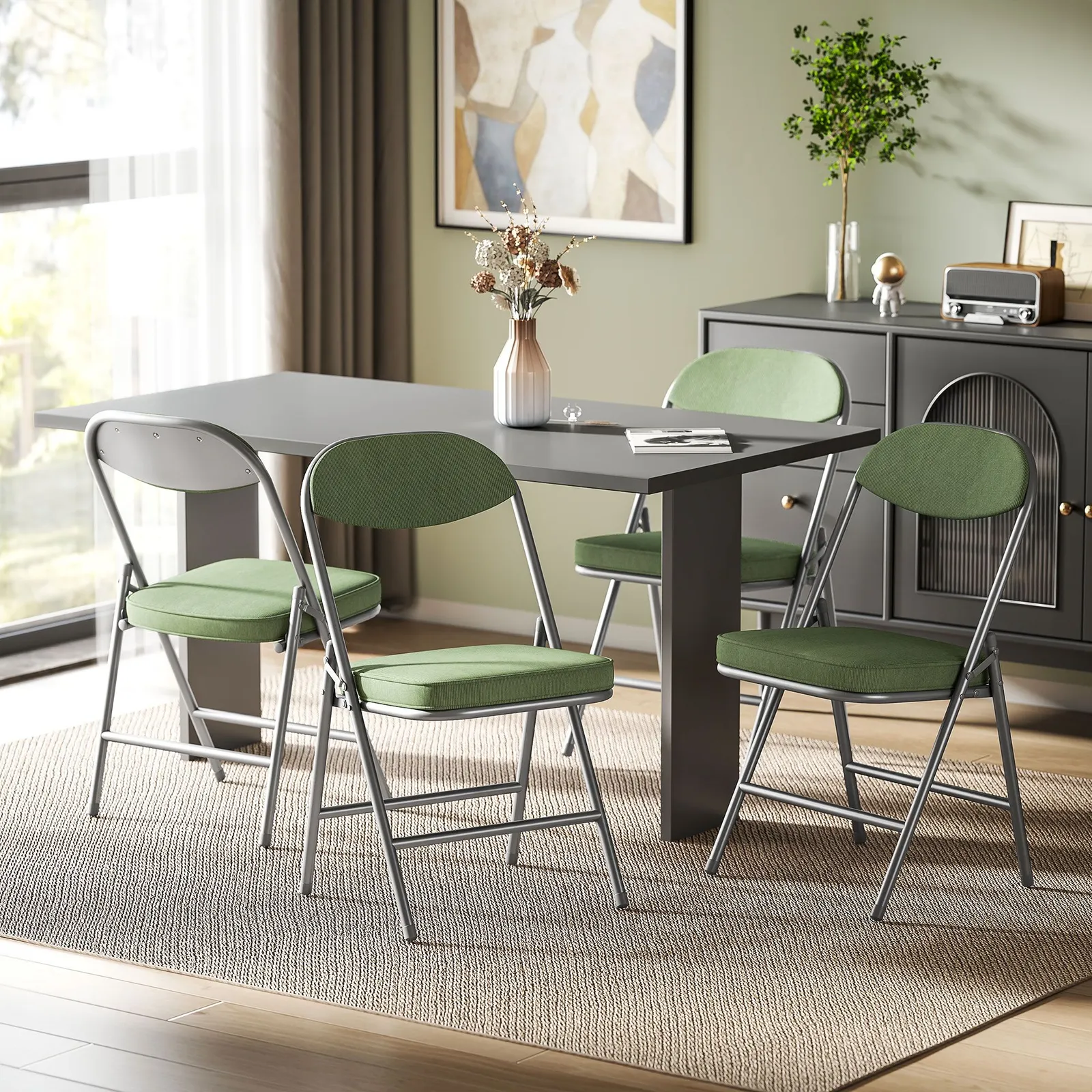 HOMCOM Folding Chairs Set of 4 with Cushioned Seat, Steel Frame in Green