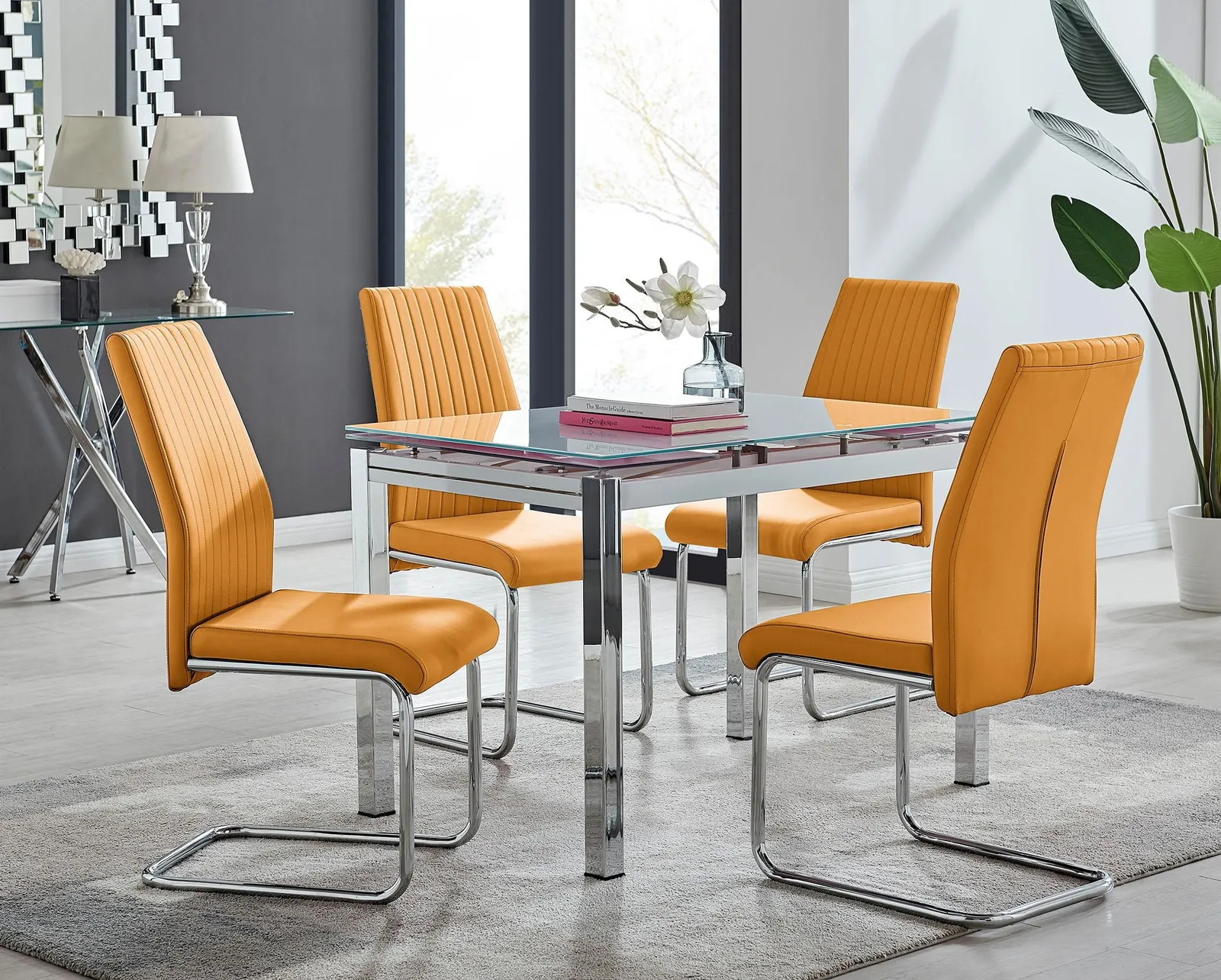 FurnitureboxUK Enna White Glass Extending 4-6 Seater Dining Table & 4 Lorenzo Faux Leather Chairs in Mustard 1