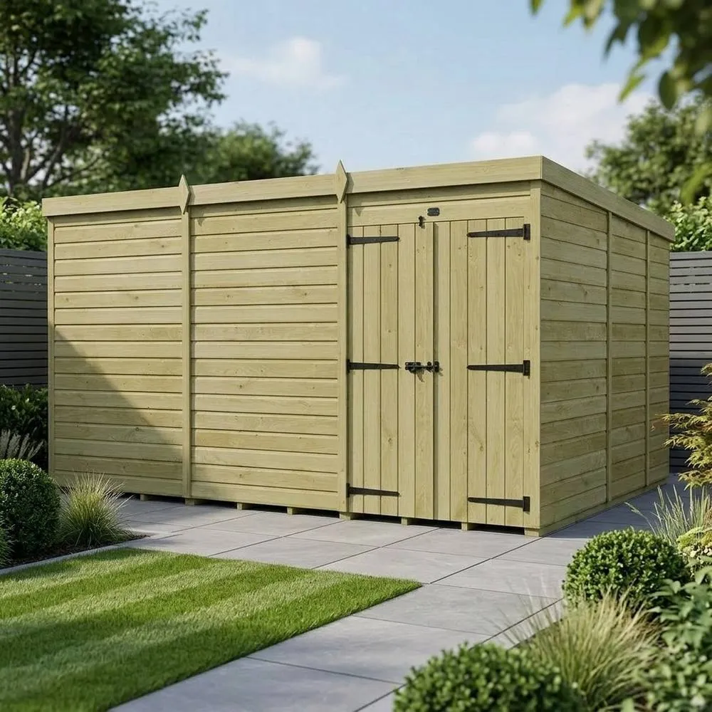 Buttercup Farm 12ft x 9ft Pent Garden Shed Double Door No Windows - Timber in Brown 2