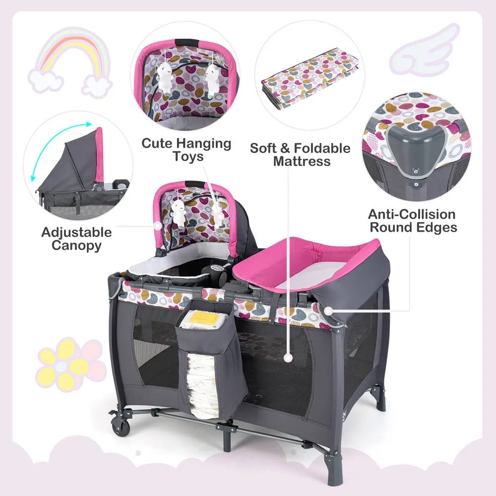 Costway Foldable Pack &Play Portable Baby Playard w/Rocking Bassinet&Music Box in Pink 2