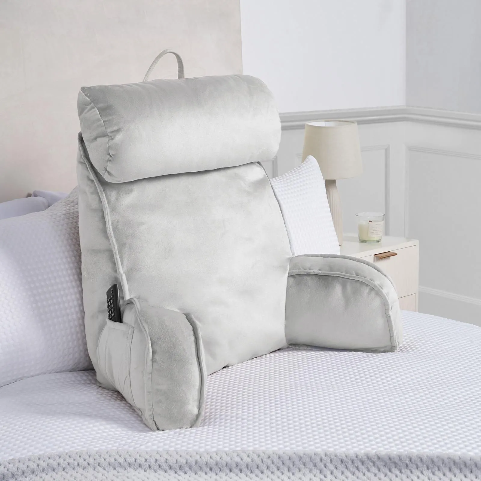 OHS Cuddle Cushion Back Lumbar Support Head Rest Bed Reading Pillow Arms in Light Grey