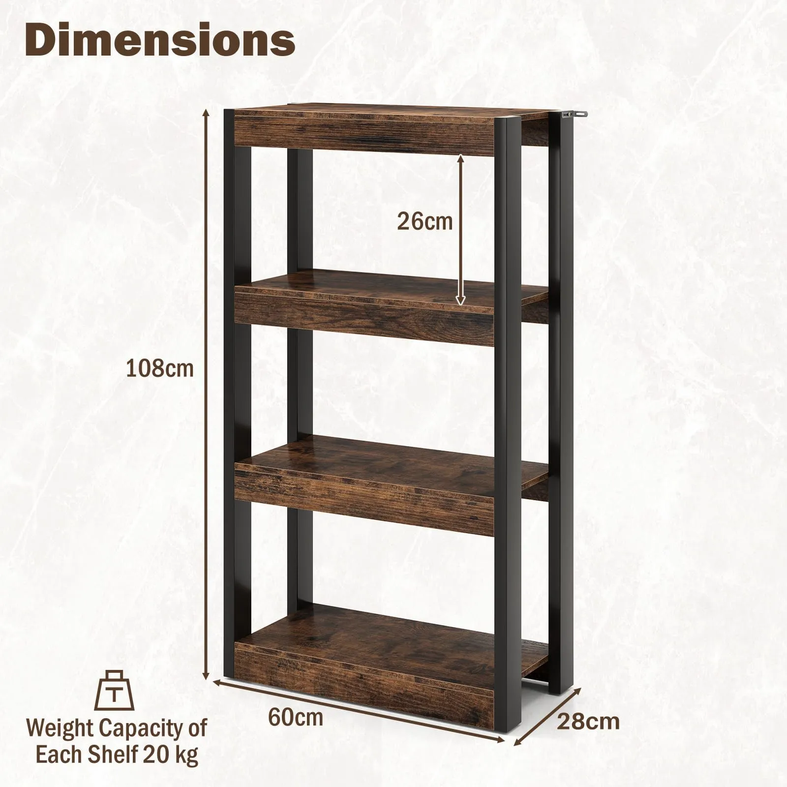 Costway 4 Tier Bookshelf Wooden Bookcase with Dual Anti-Tipping Kits-Coffee in Brown 2
