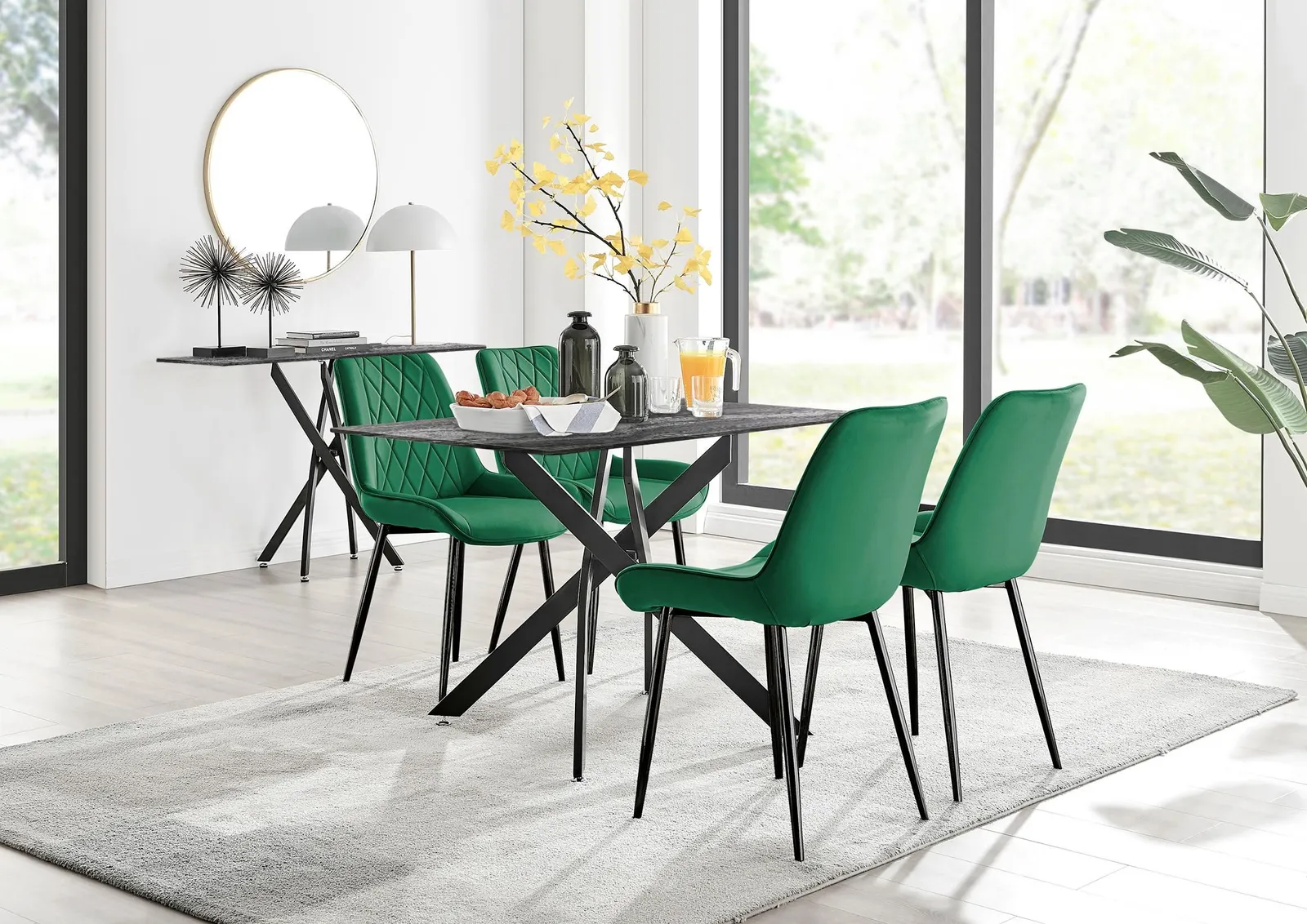FurnitureboxUK Leonardo Grey Glass Marble Effect Black Leg Table & 4 Pesaro Black Leg Chairs in Green 1