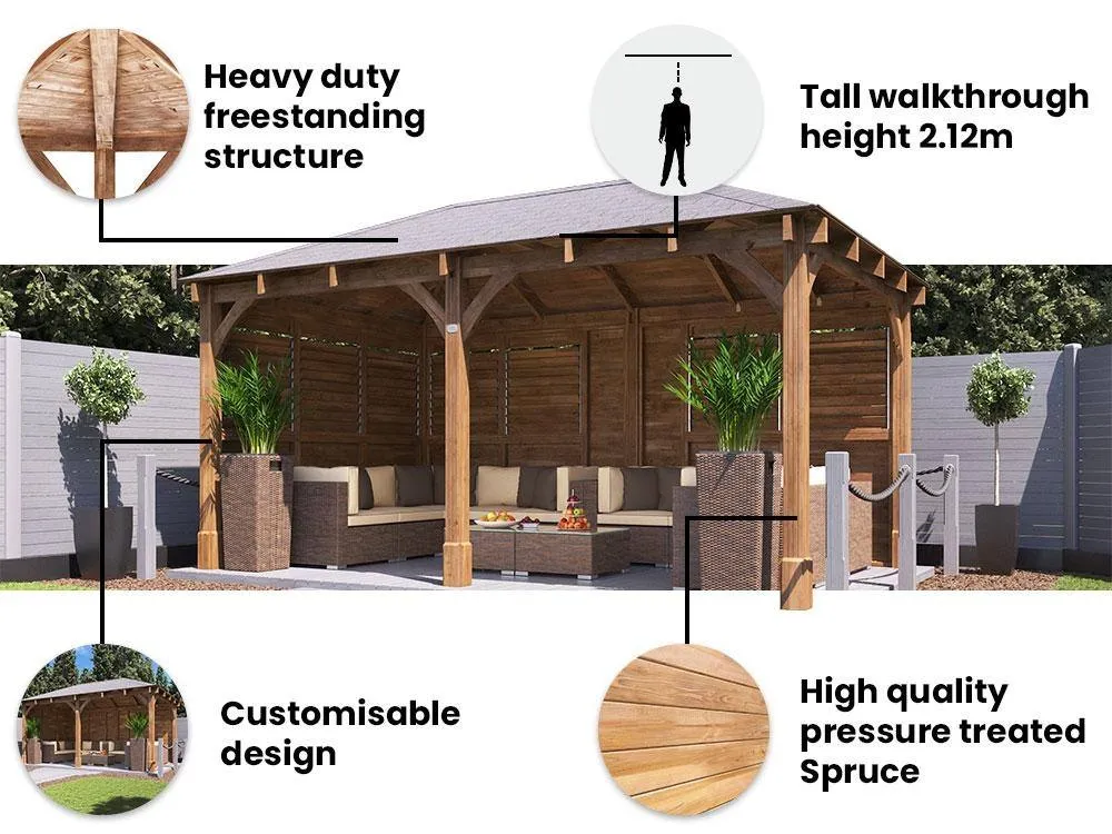 Dunster House Wooden Gazebo Kit with Louvre Wall & Shingles 5m x 3m - Leviathan in Brown 3