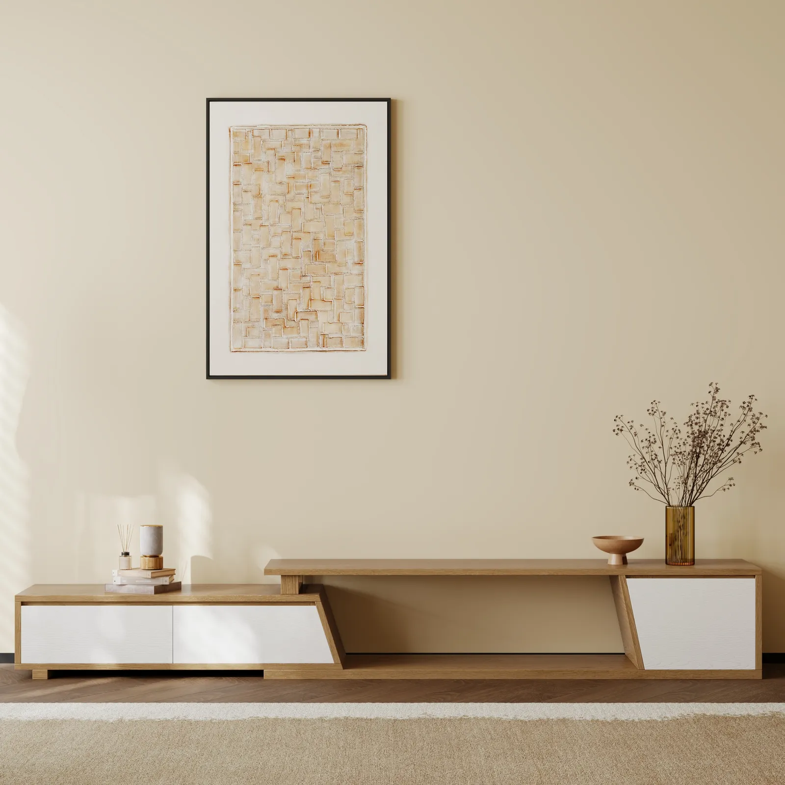 Up to 2800 mm Extendable White & Walnut TV Stand Minimalist Floor Media Console with 3 Drawers