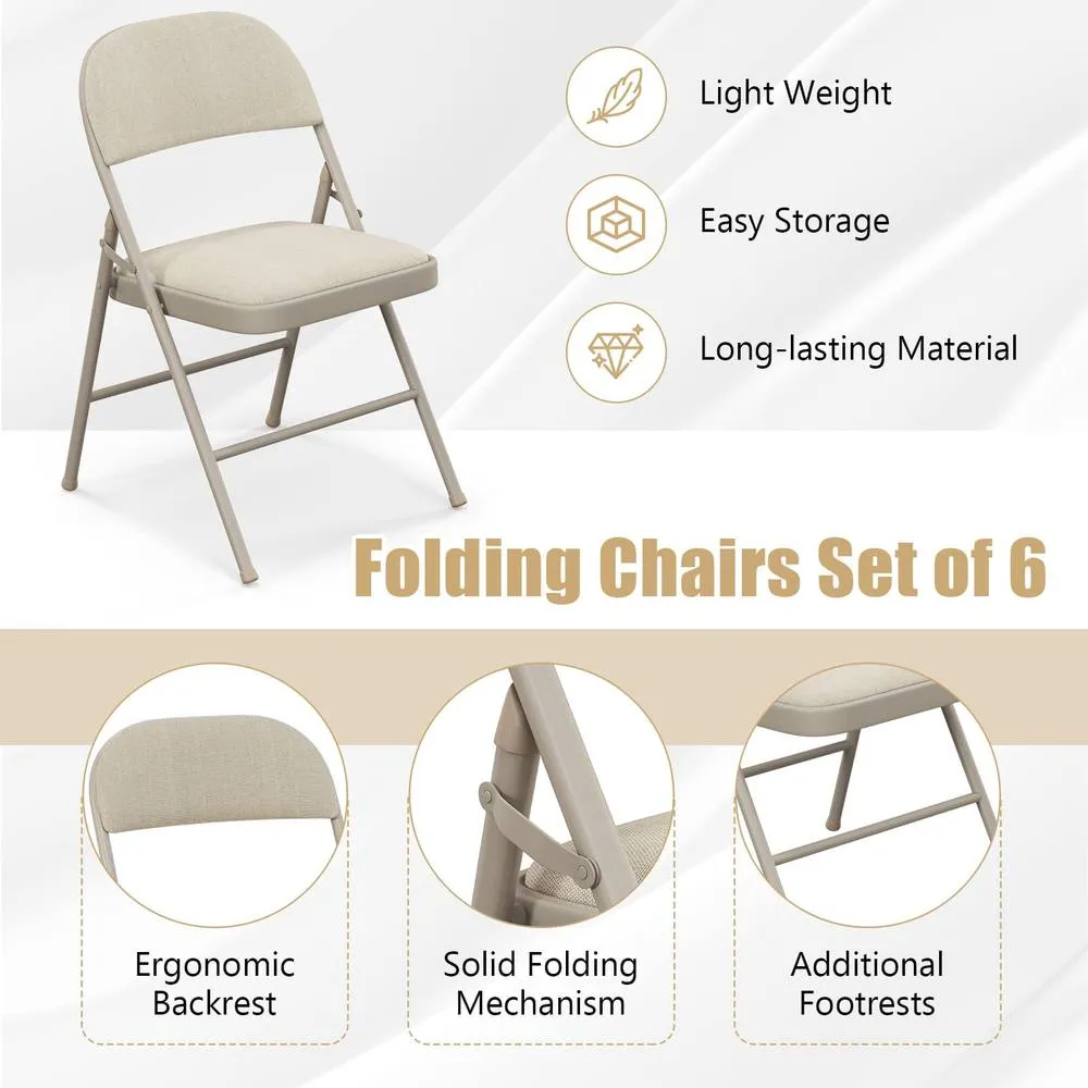 Costway Set of 6 Folding Fabric Padded Chairs w/ Sponge Seat & Backrest in Beige 4