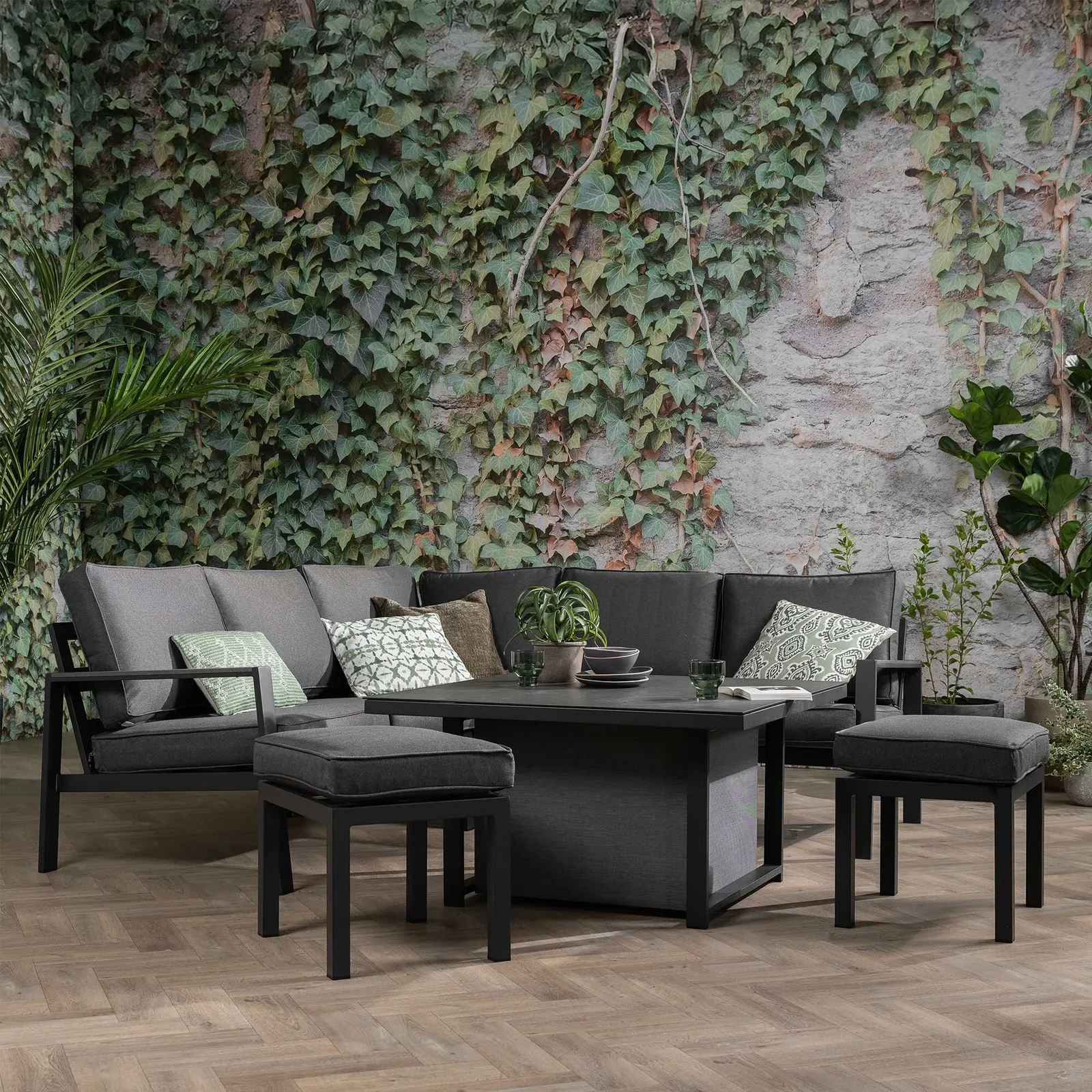 Fierza Corner Sofa Set With Rising Table, Aluminium, Grey | Barker & Stonehouse