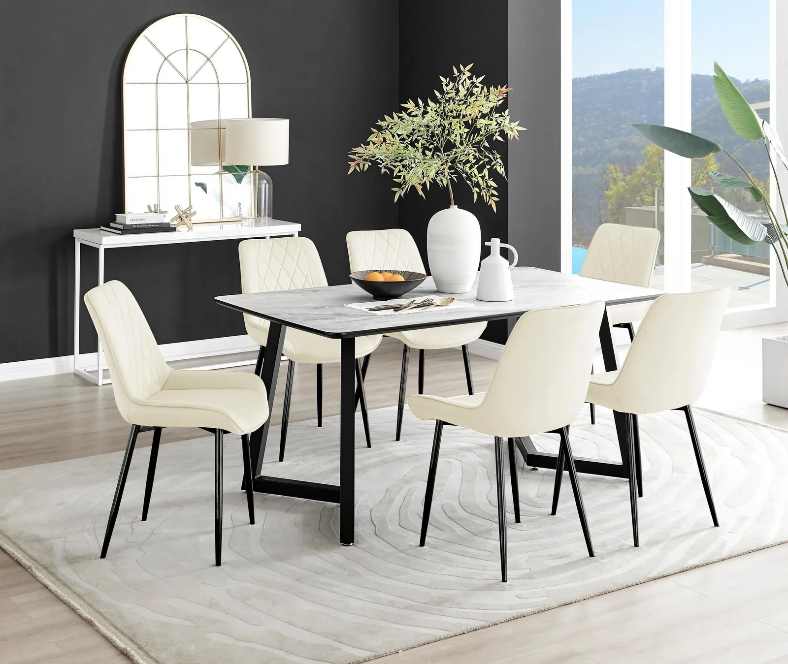 FurnitureboxUK Carson White Marble Effect Dining Table & 6 Pesaro Black Leg Chairs in Cream 1