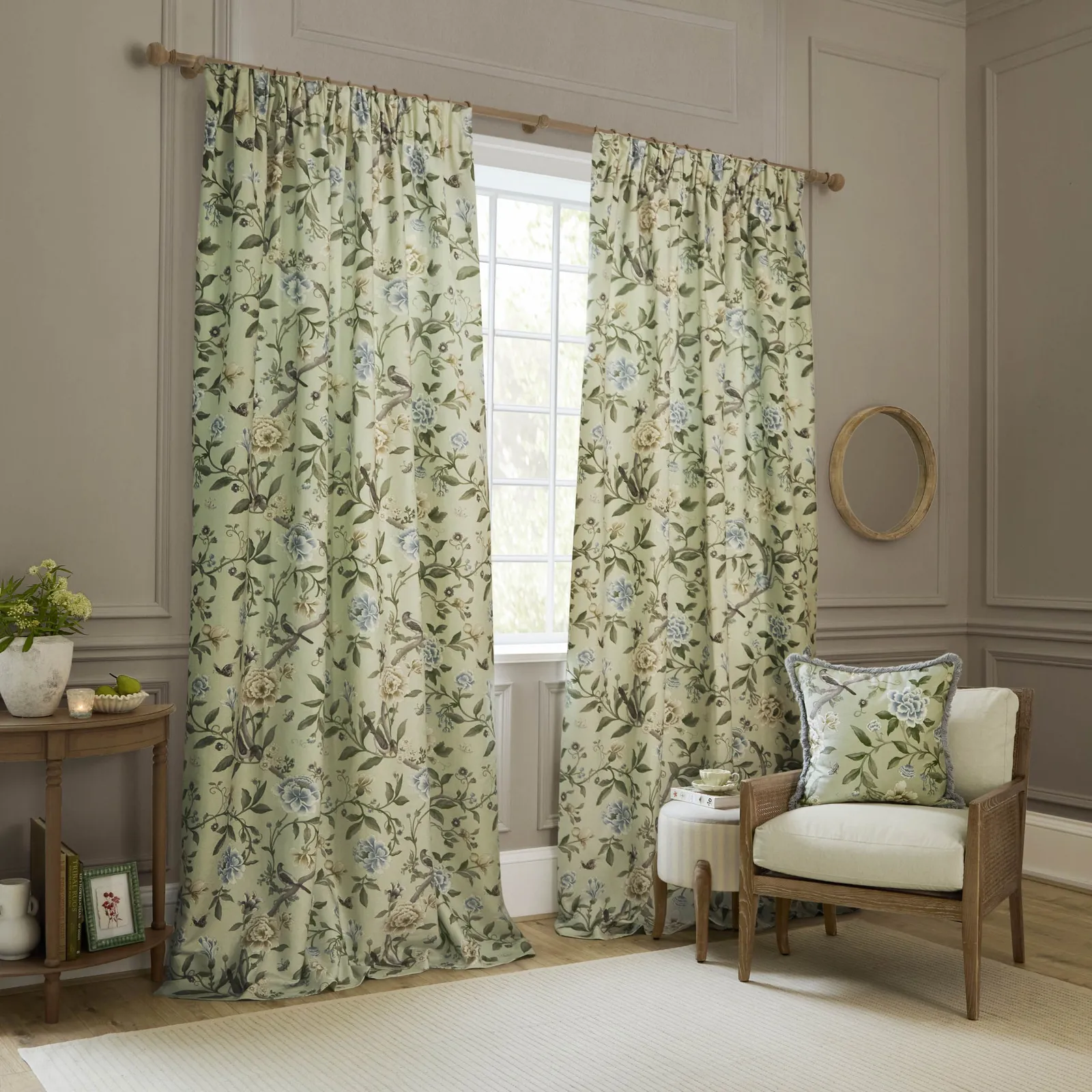 Sanderson Porcelain Garden Printed Chenille Room Darkening Pencil Pleat Curtains in Light Green 2